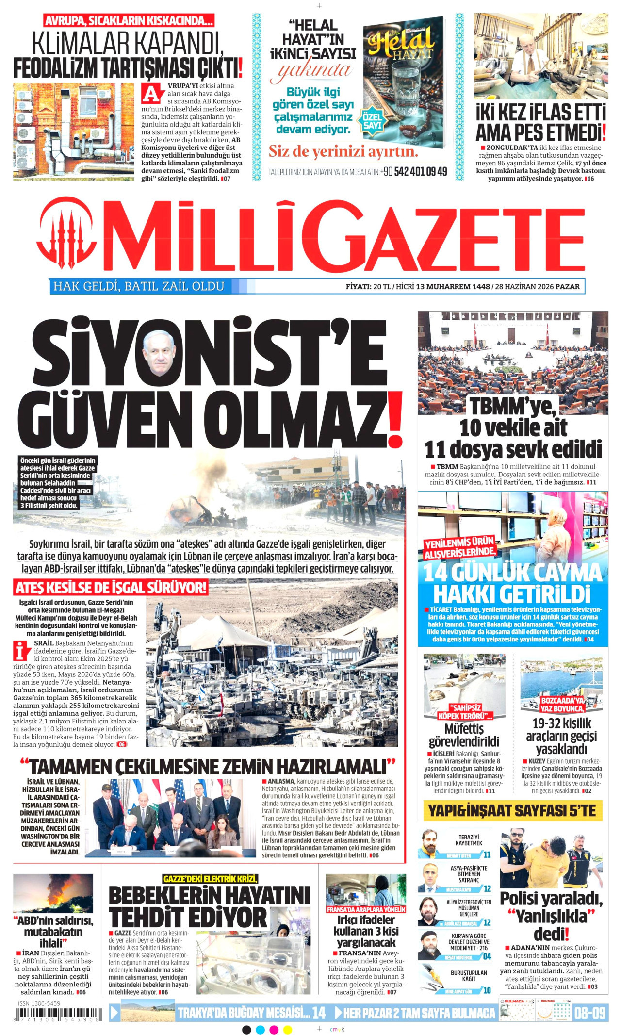 MİLLİ GAZETE gazetesinin 28 Haziran 2026 tarihli birinci sayfası
