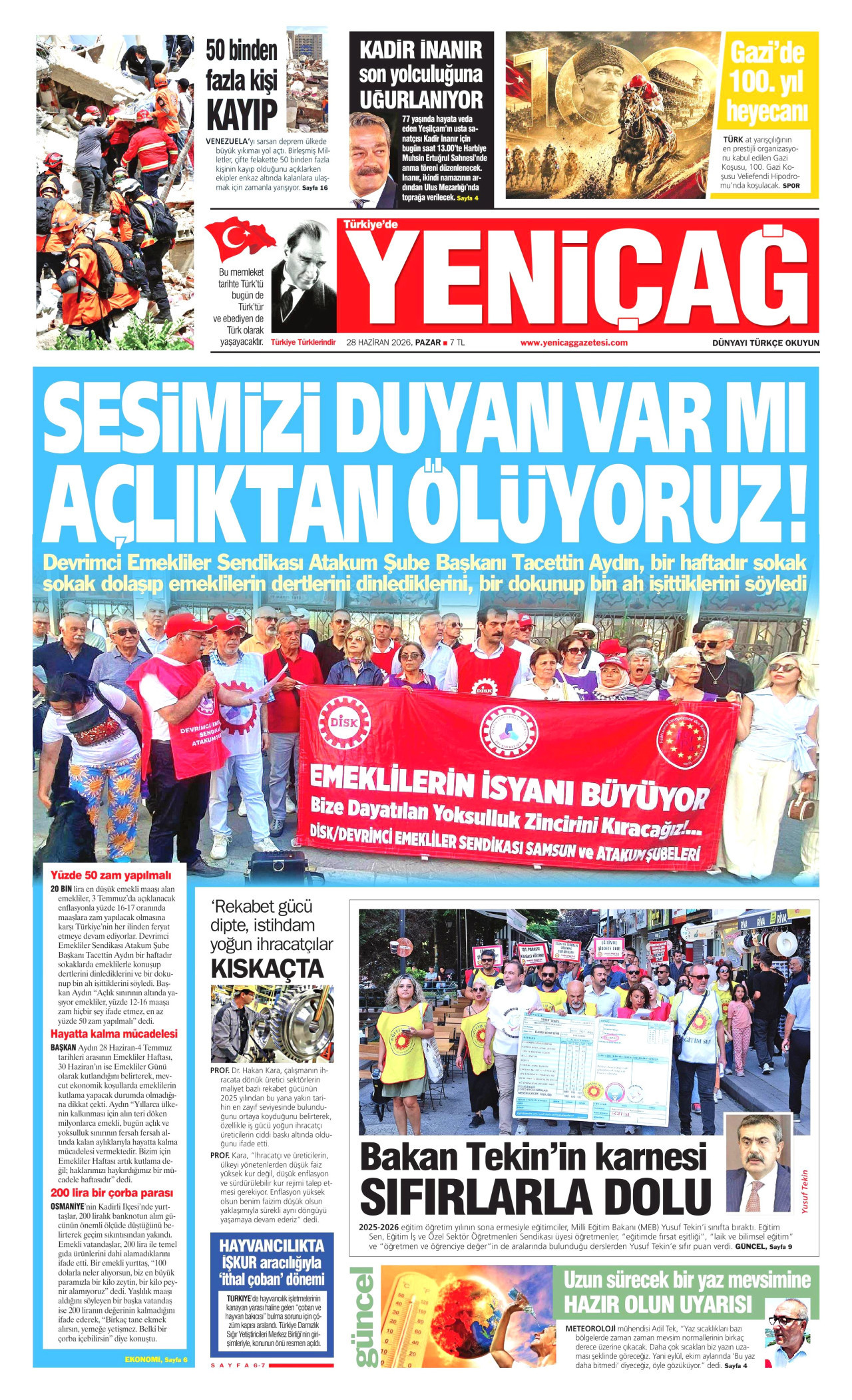 YENİÇAĞ gazetesinin 28 Haziran 2026 tarihli birinci sayfası