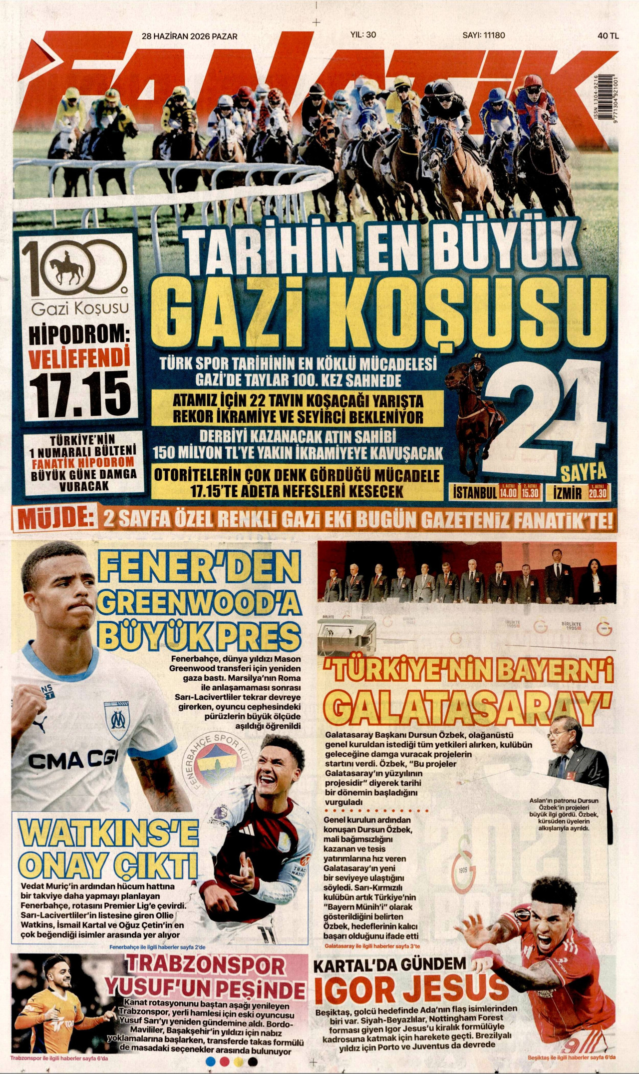 FANATİK gazetesinin 28 Haziran 2026 tarihli birinci sayfası