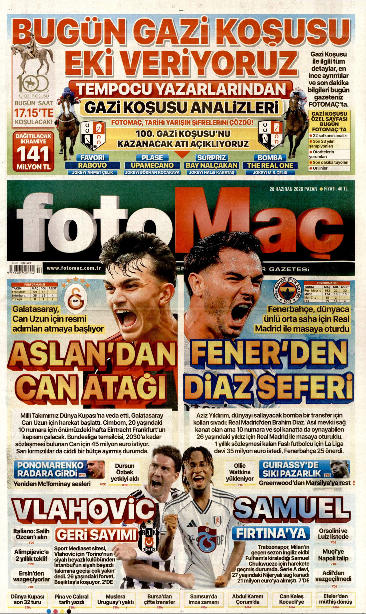FOTOMAÇ gazetesinin 28 Haziran 2026 tarihli birinci sayfası