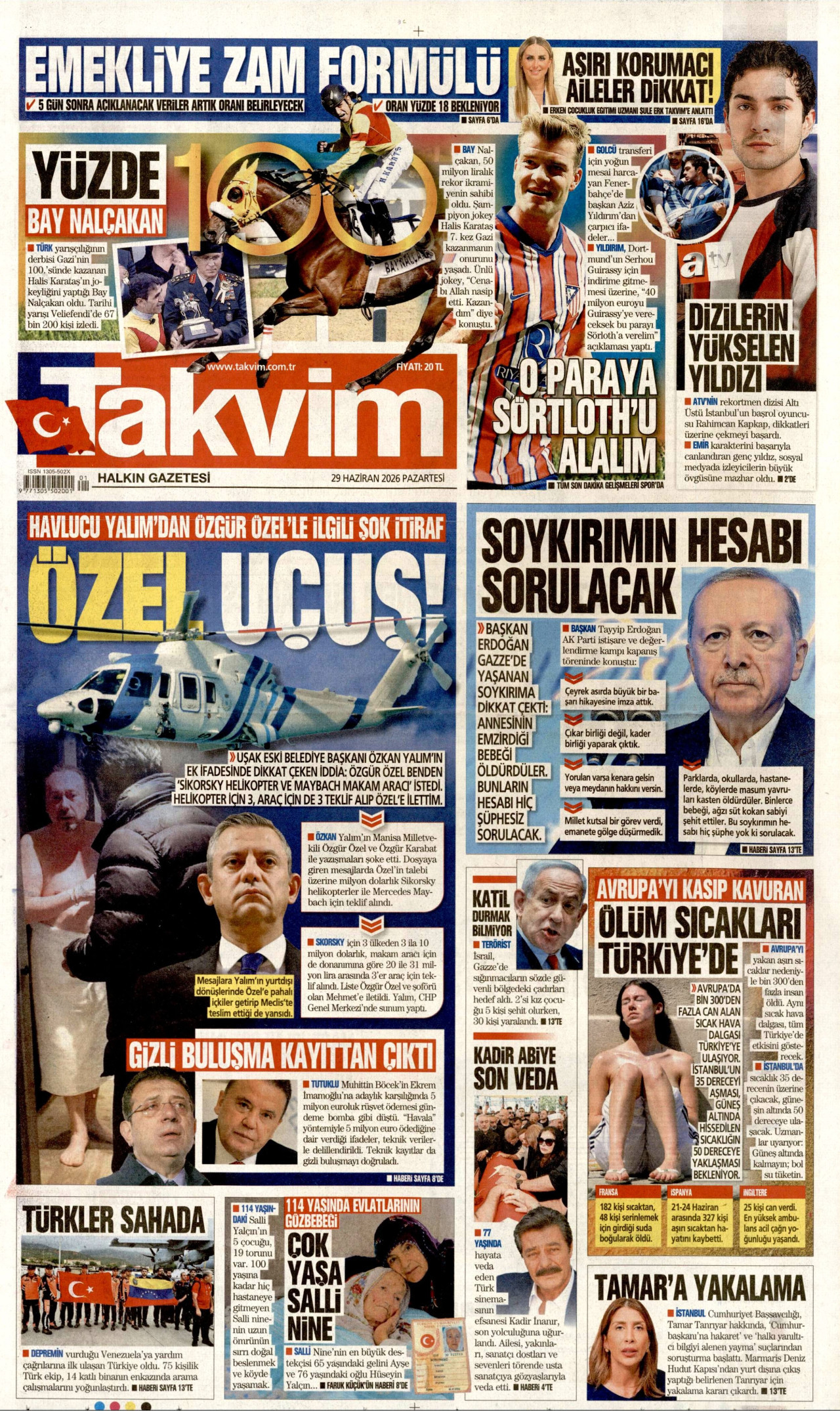 TAKVİM gazetesinin 29 Haziran 2026 tarihli birinci sayfası