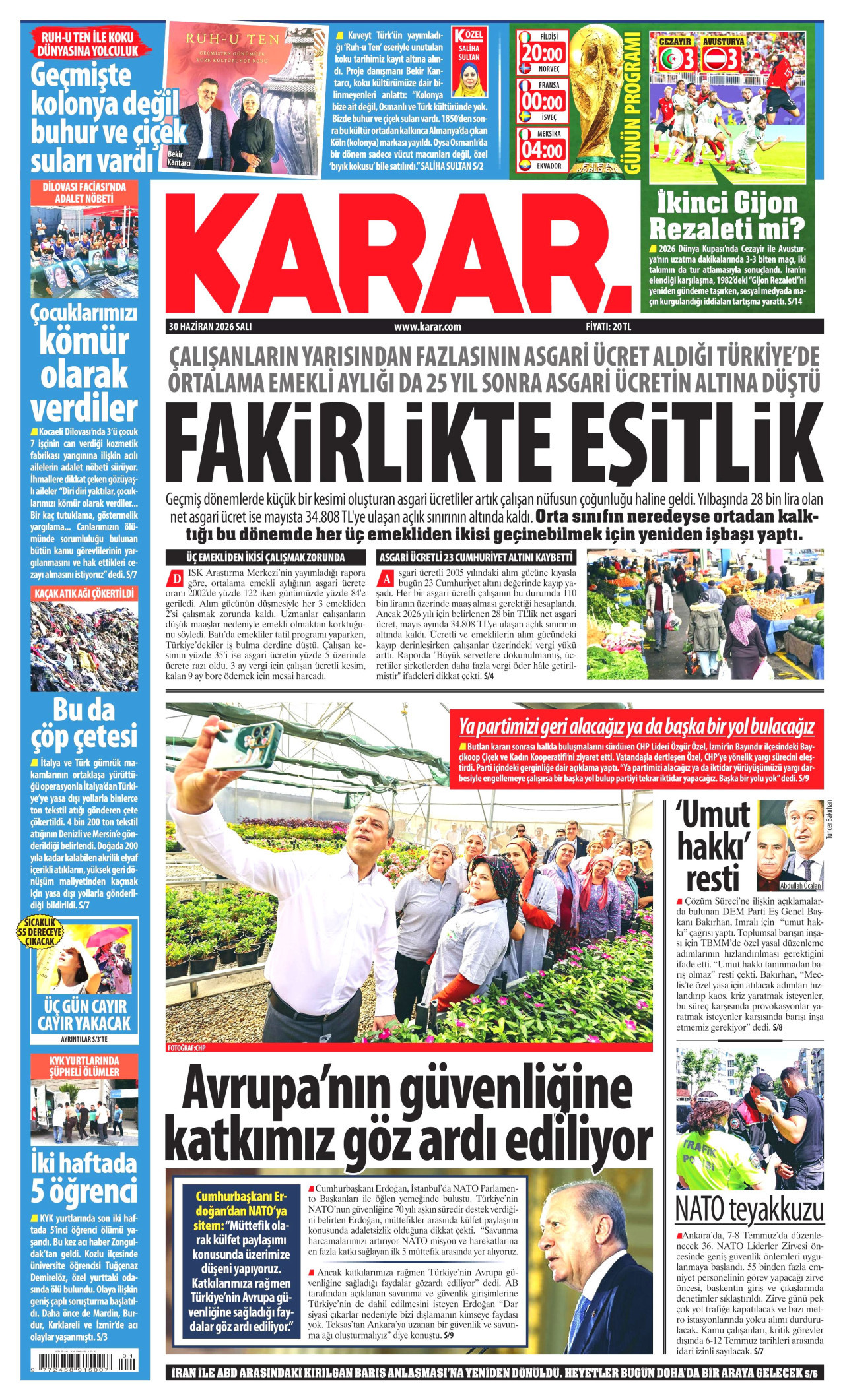 KARAR gazetesinin 30 Haziran 2026 tarihli birinci sayfası