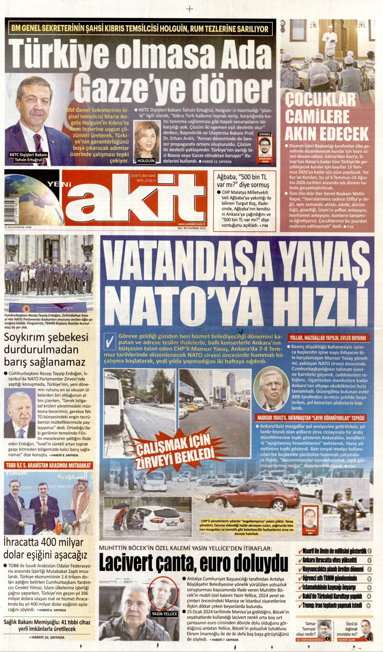 YENİ AKİT gazetesinin 30 Haziran 2026 tarihli birinci sayfası