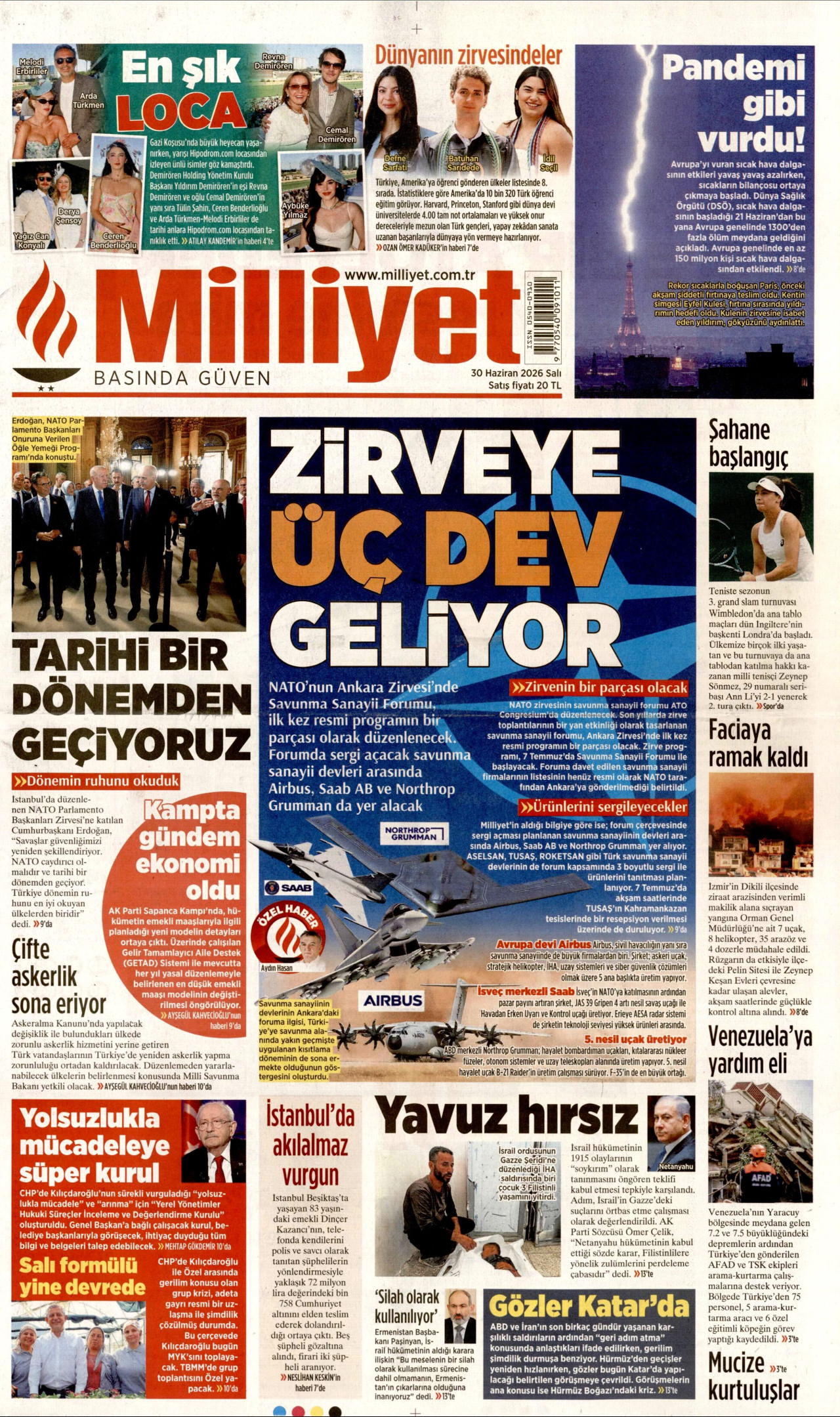 MİLLİYET gazetesinin 30 Haziran 2026 tarihli birinci sayfası
