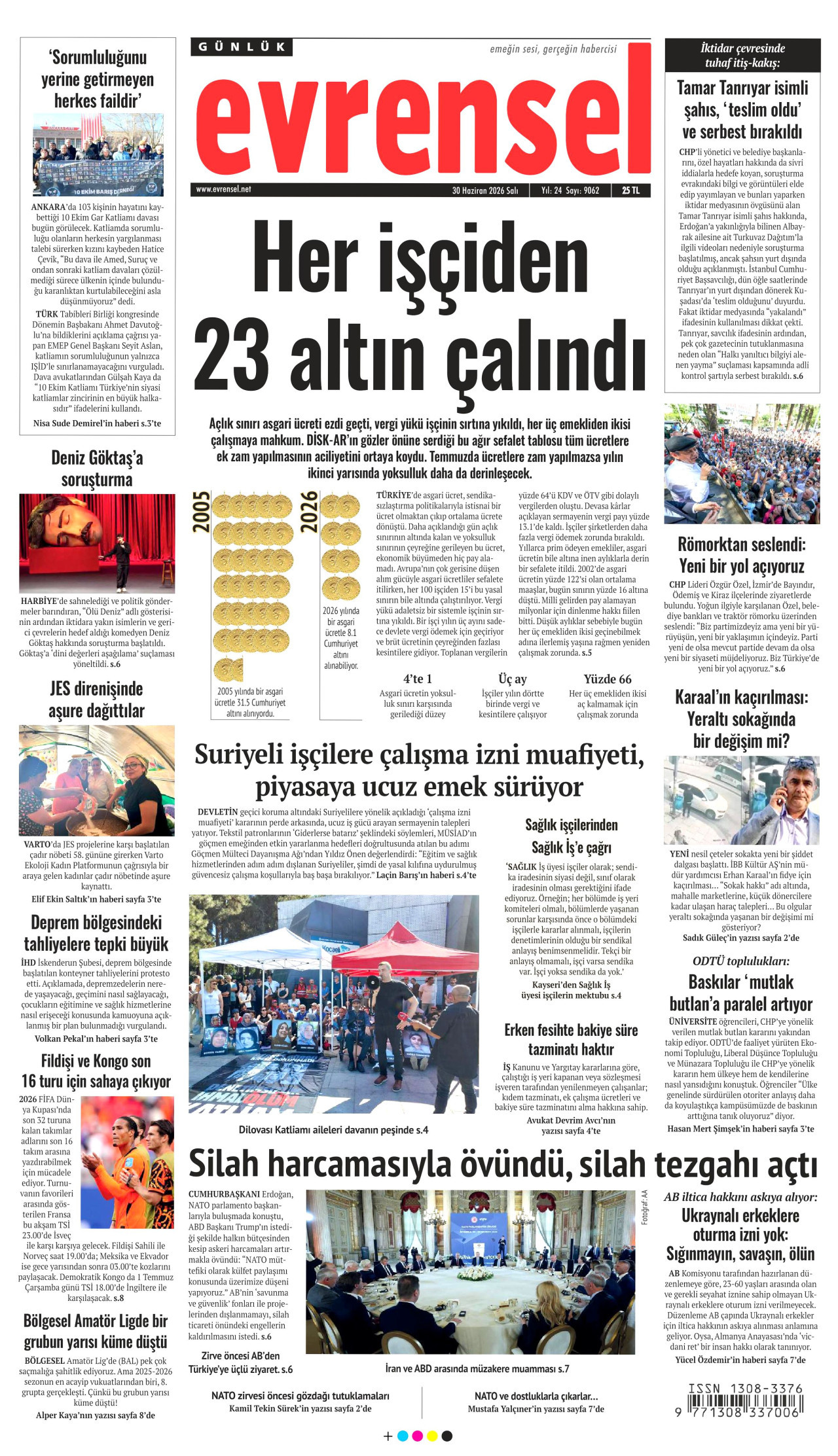 EVRENSEL gazetesinin 30 Haziran 2026 tarihli birinci sayfası