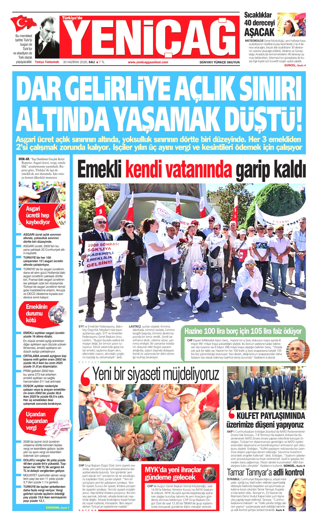 YENİÇAĞ gazetesinin 30 Haziran 2026 tarihli birinci sayfası