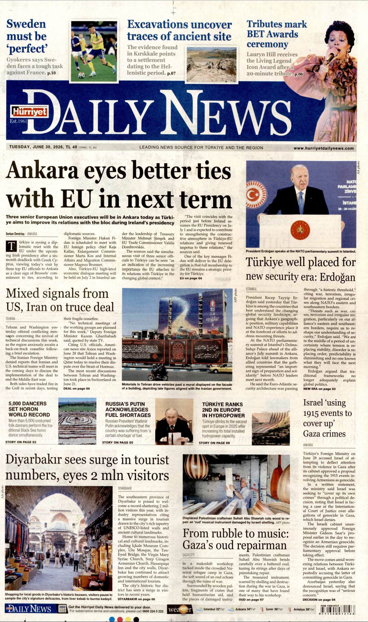 HÜRRİYET DAİLY NEWS gazetesinin 30 Haziran 2026 tarihli birinci sayfası