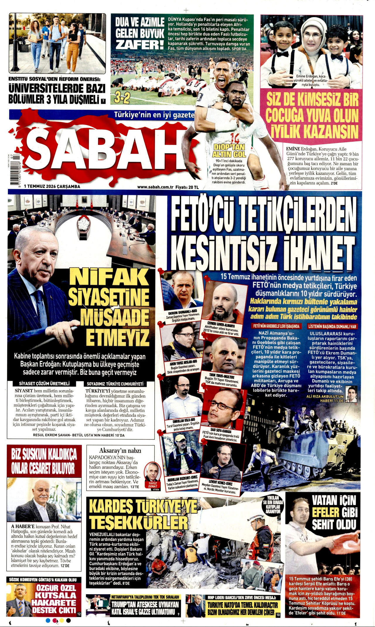 SABAH gazetesinin 1 Temmuz 2026 tarihli birinci sayfası