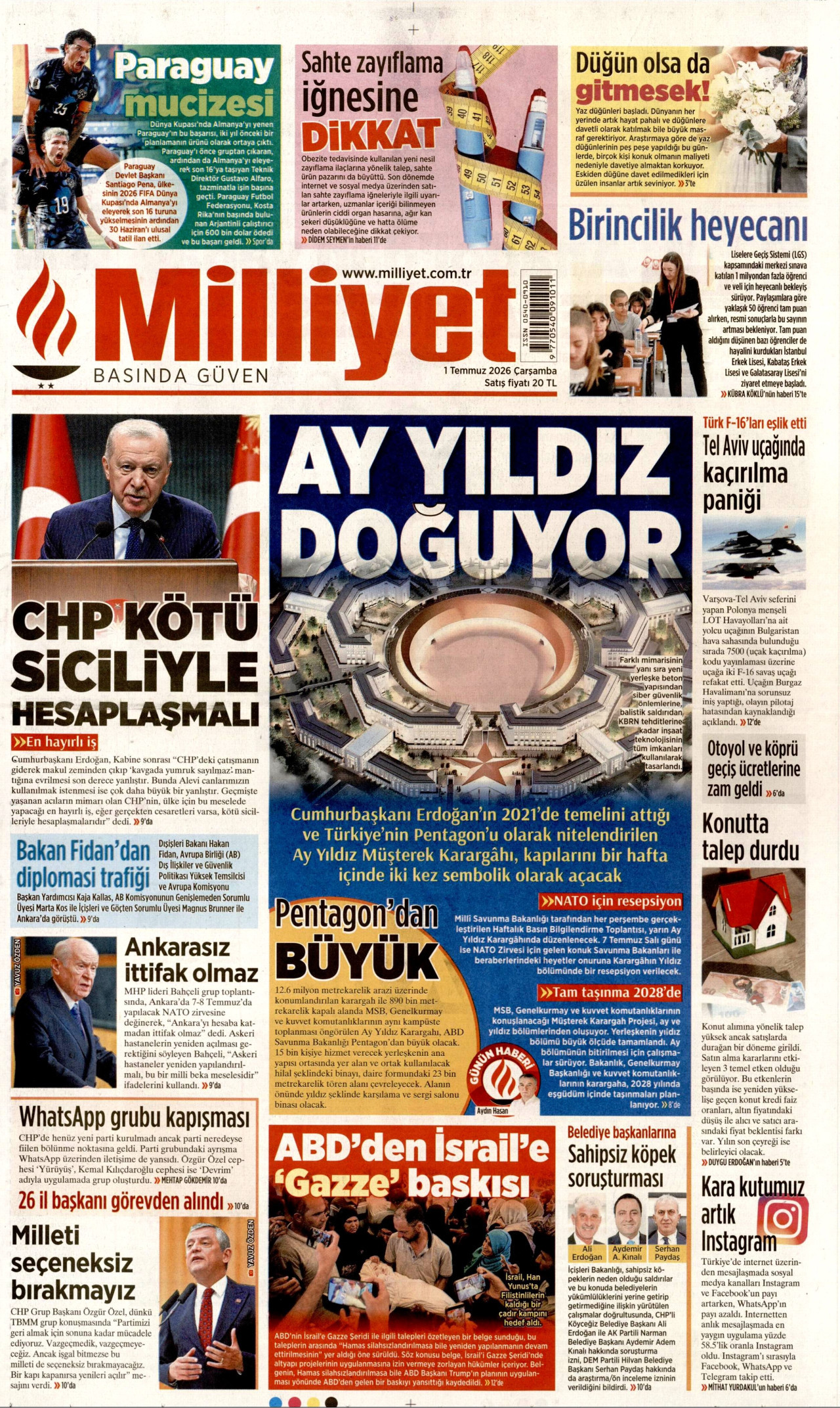 MİLLİYET gazetesinin 1 Temmuz 2026 tarihli birinci sayfası