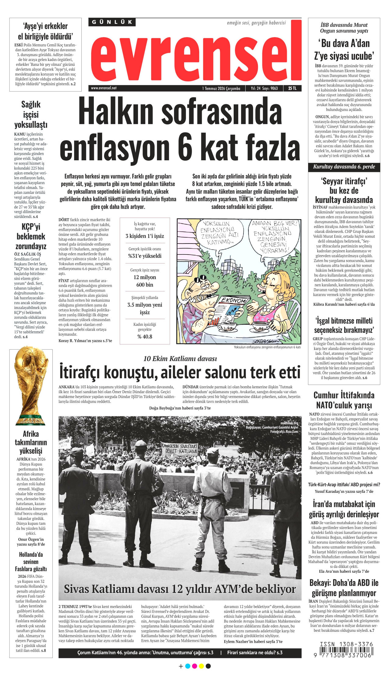 EVRENSEL gazetesinin 1 Temmuz 2026 tarihli birinci sayfası