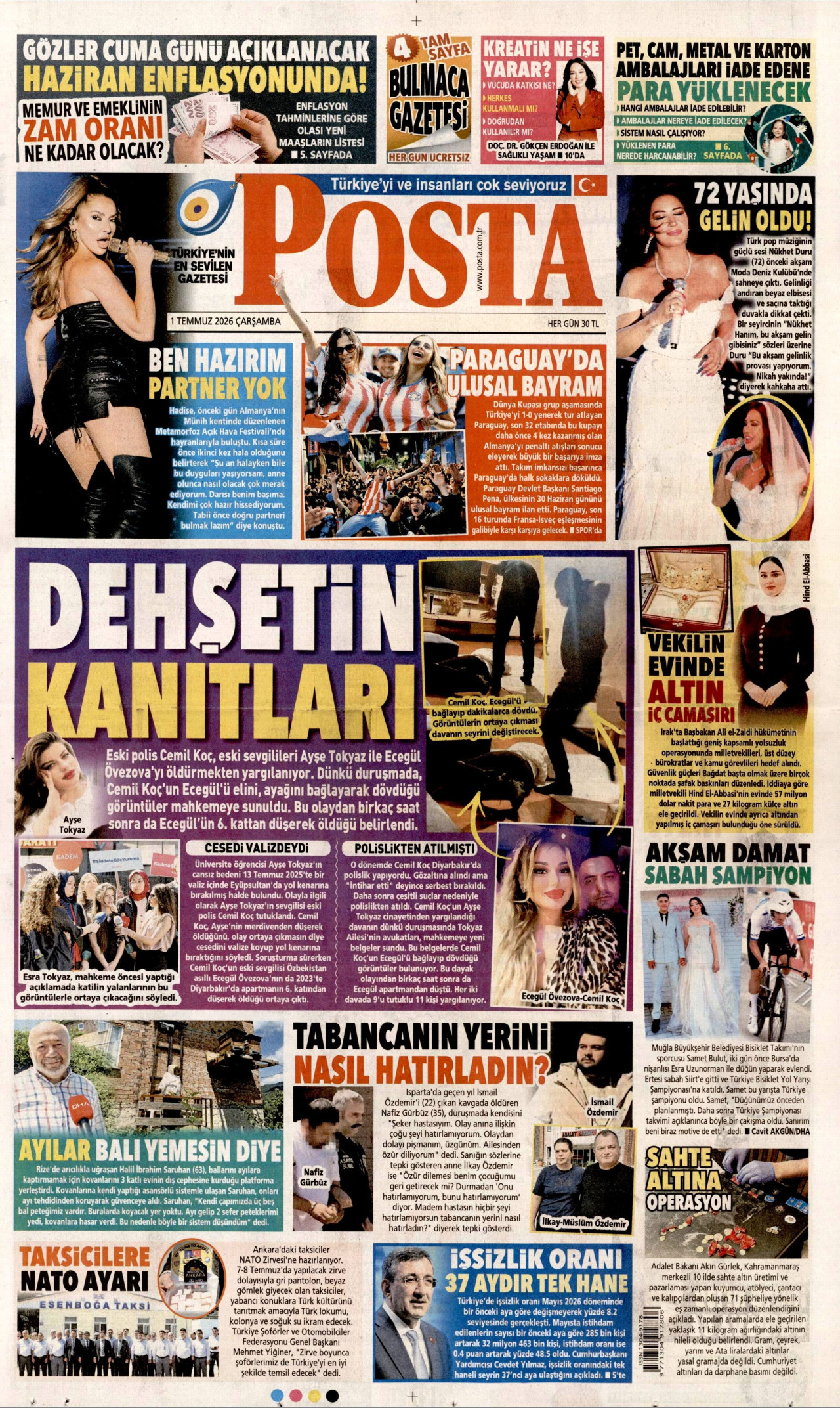 POSTA gazetesinin 1 Temmuz 2026 tarihli birinci sayfası