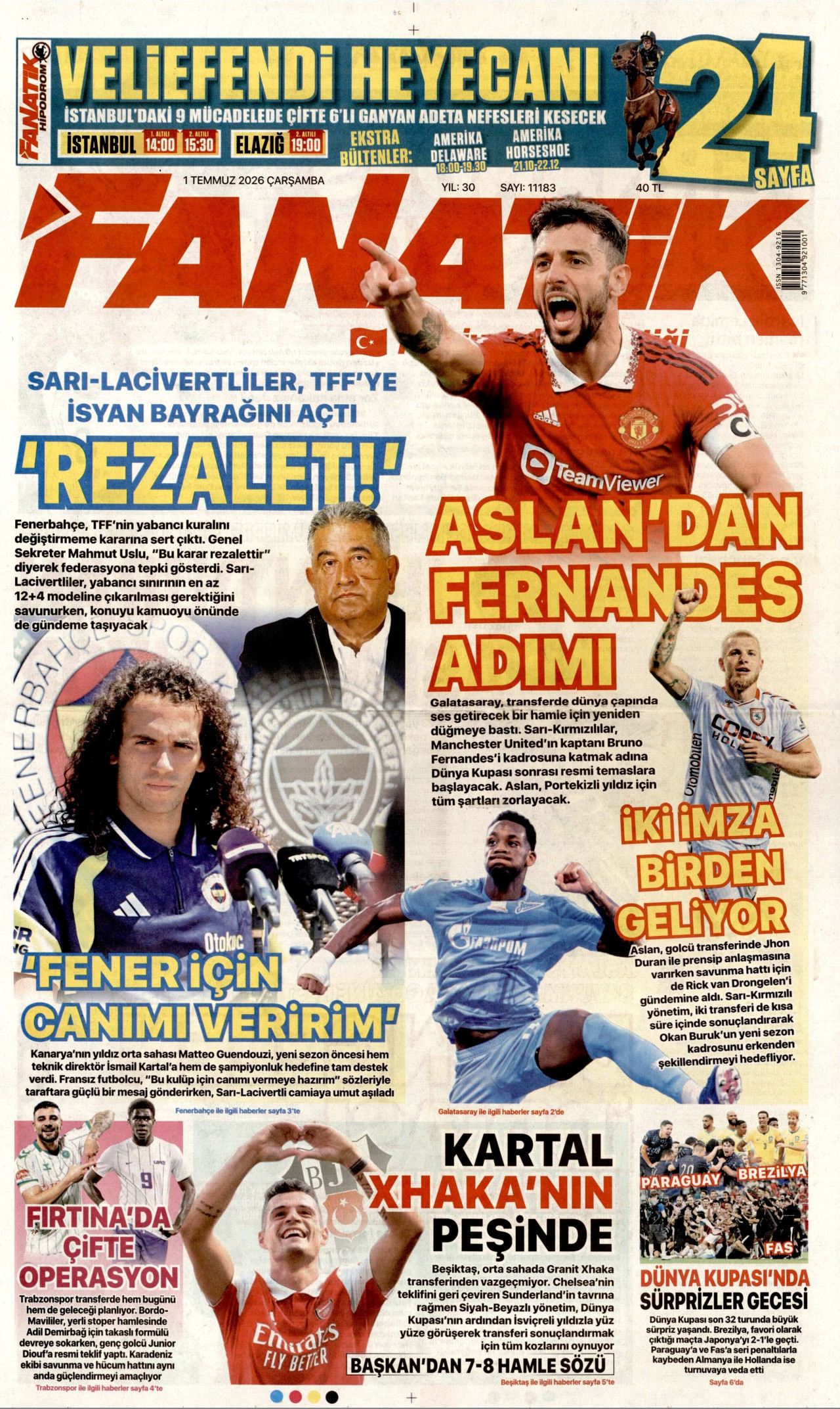 FANATİK gazetesinin 1 Temmuz 2026 tarihli birinci sayfası