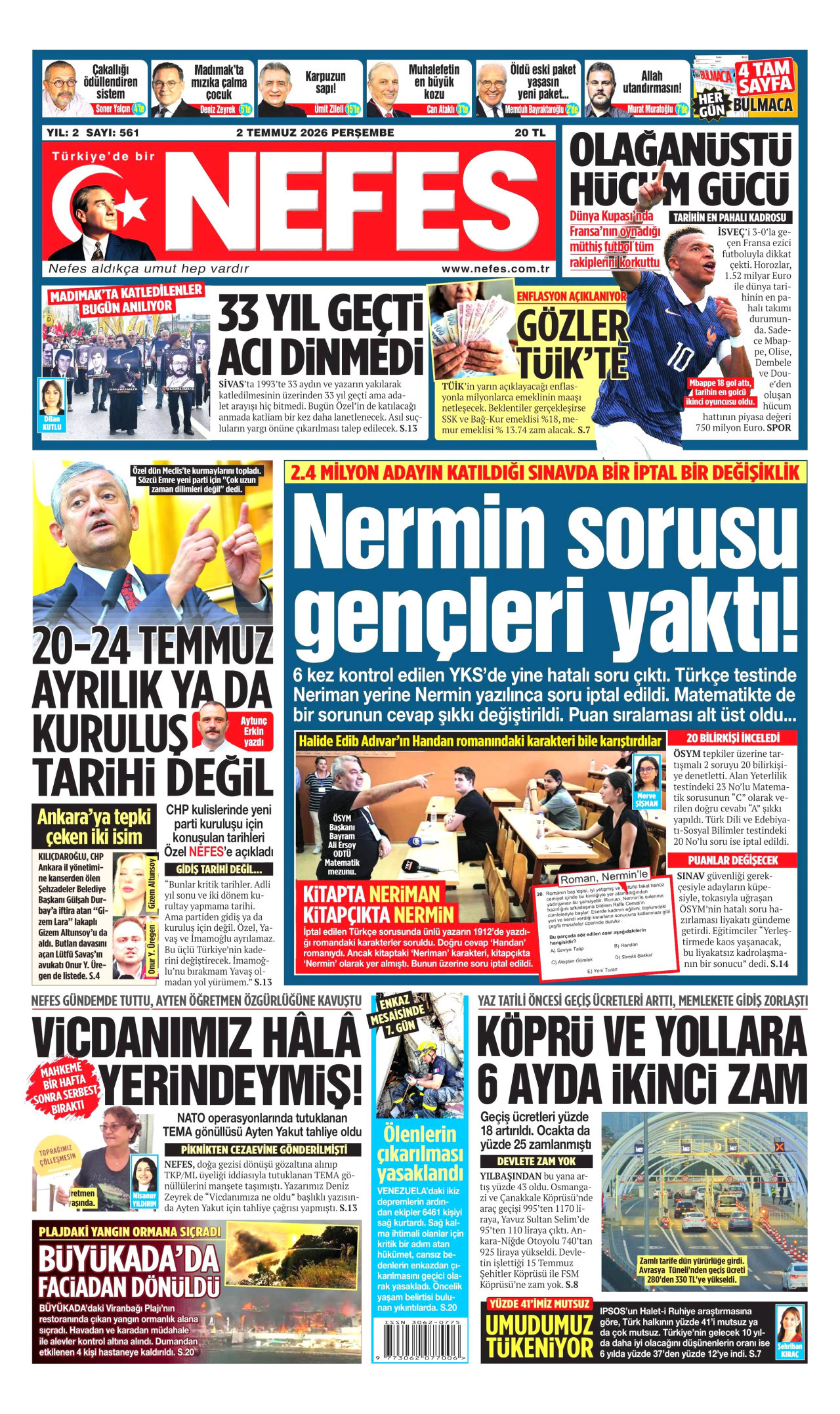 NEFES gazetesinin 2 Temmuz 2026 tarihli birinci sayfası