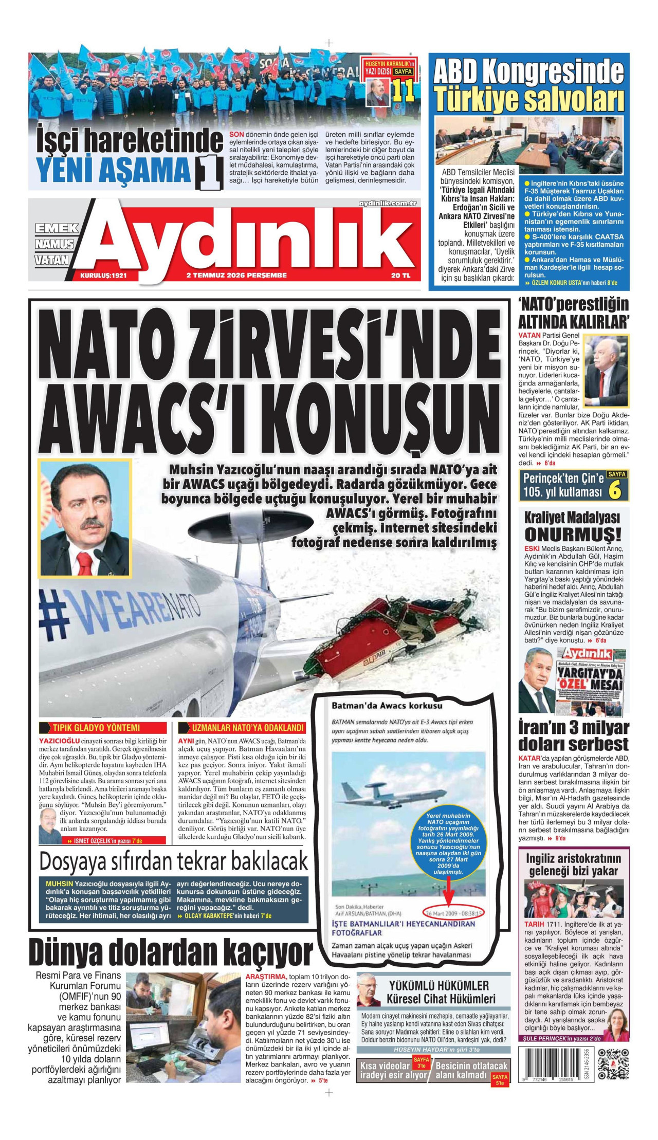 AYDINLIK GAZETESİ gazetesinin 2 Temmuz 2026 tarihli birinci sayfası