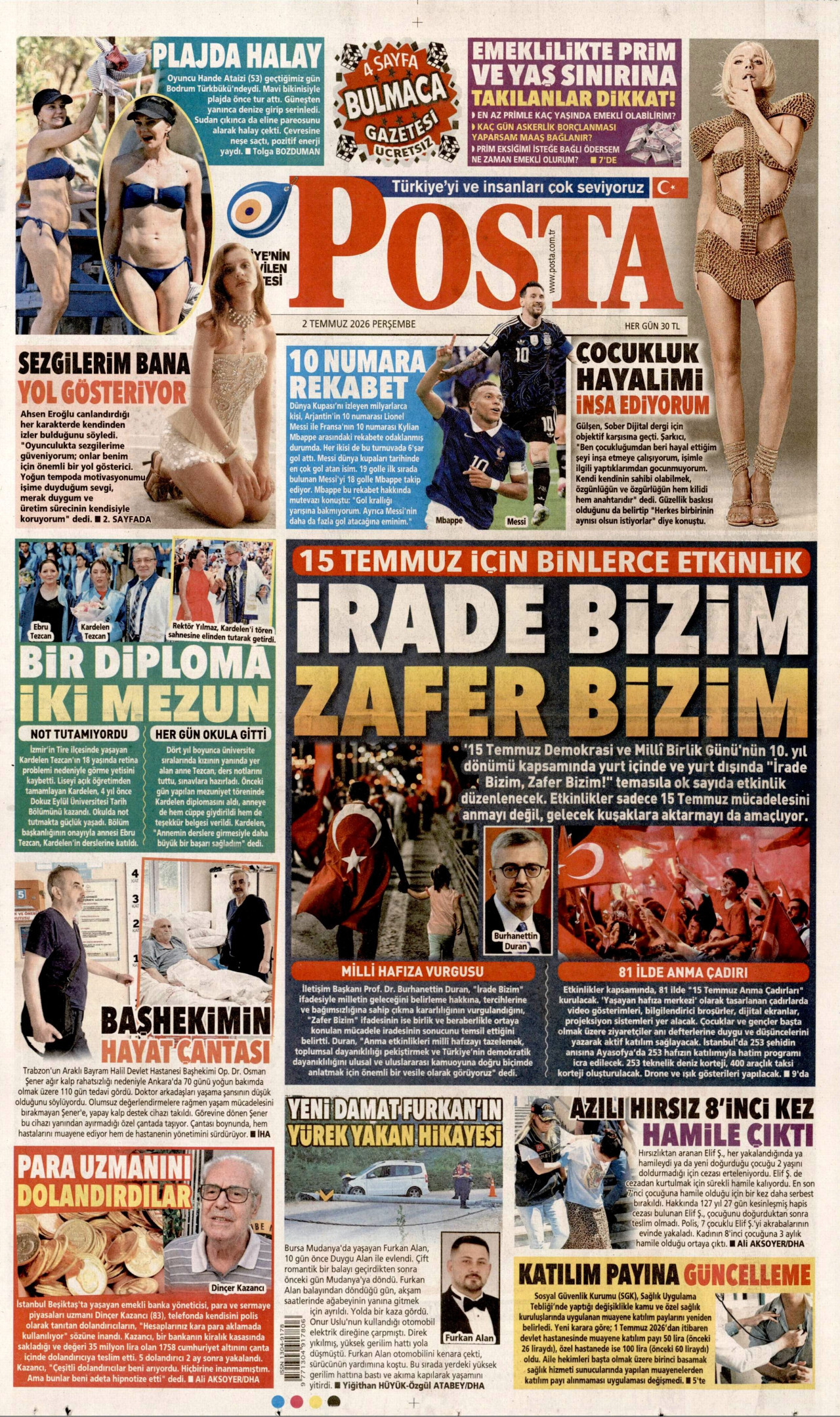 POSTA gazetesinin 2 Temmuz 2026 tarihli birinci sayfası