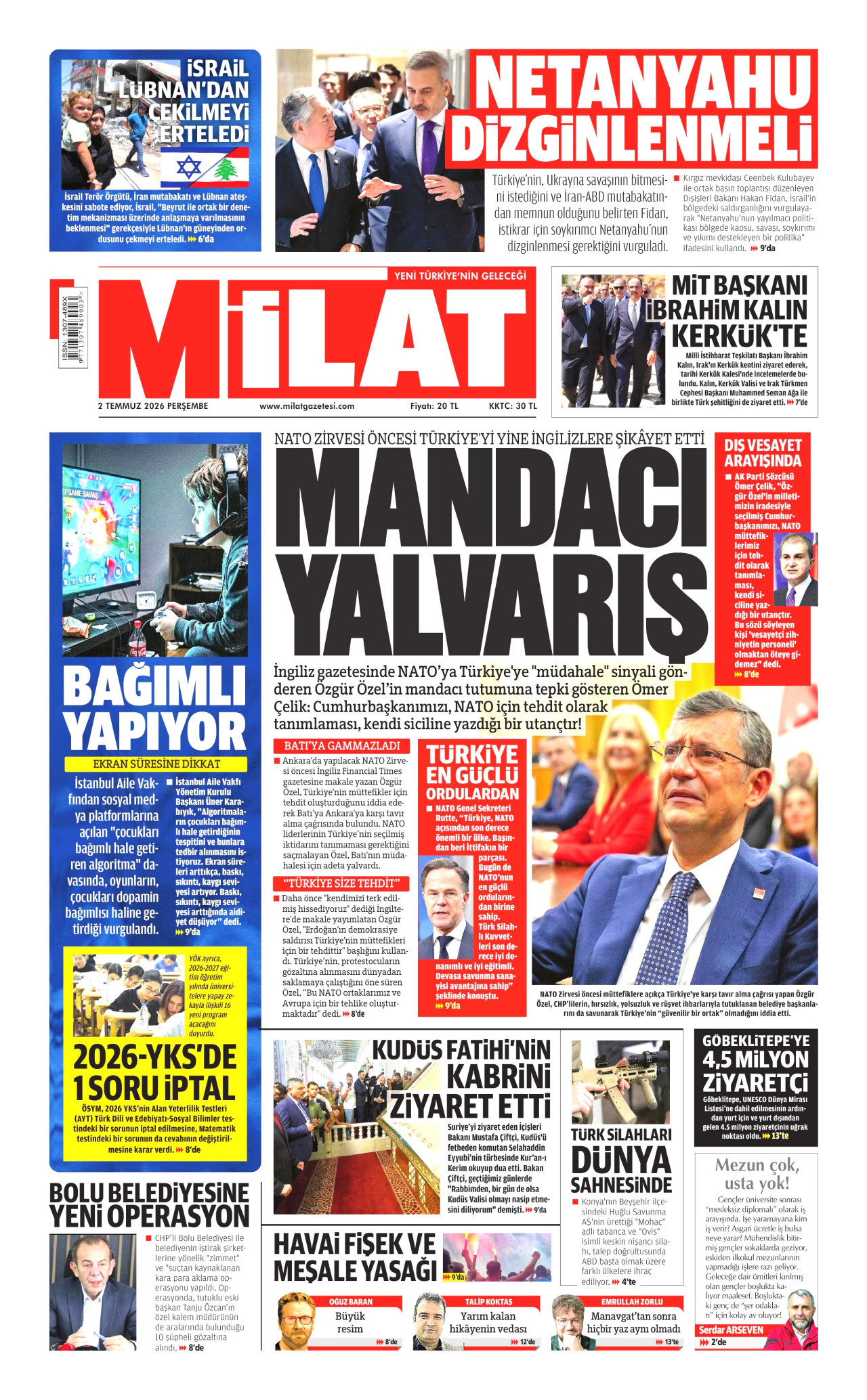 MİLAT gazetesinin 2 Temmuz 2026 tarihli birinci sayfası