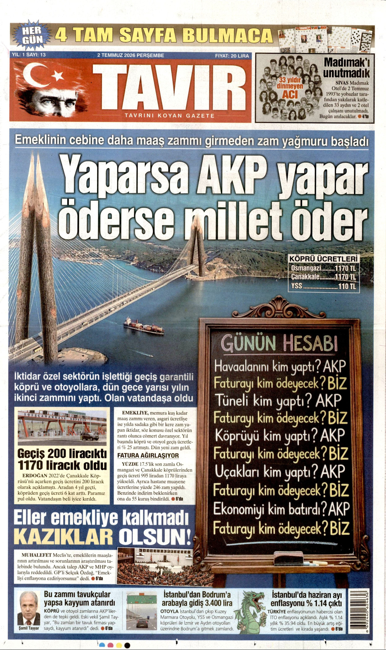 TAVIR GAZETESİ gazetesinin 2 Temmuz 2026 tarihli birinci sayfası