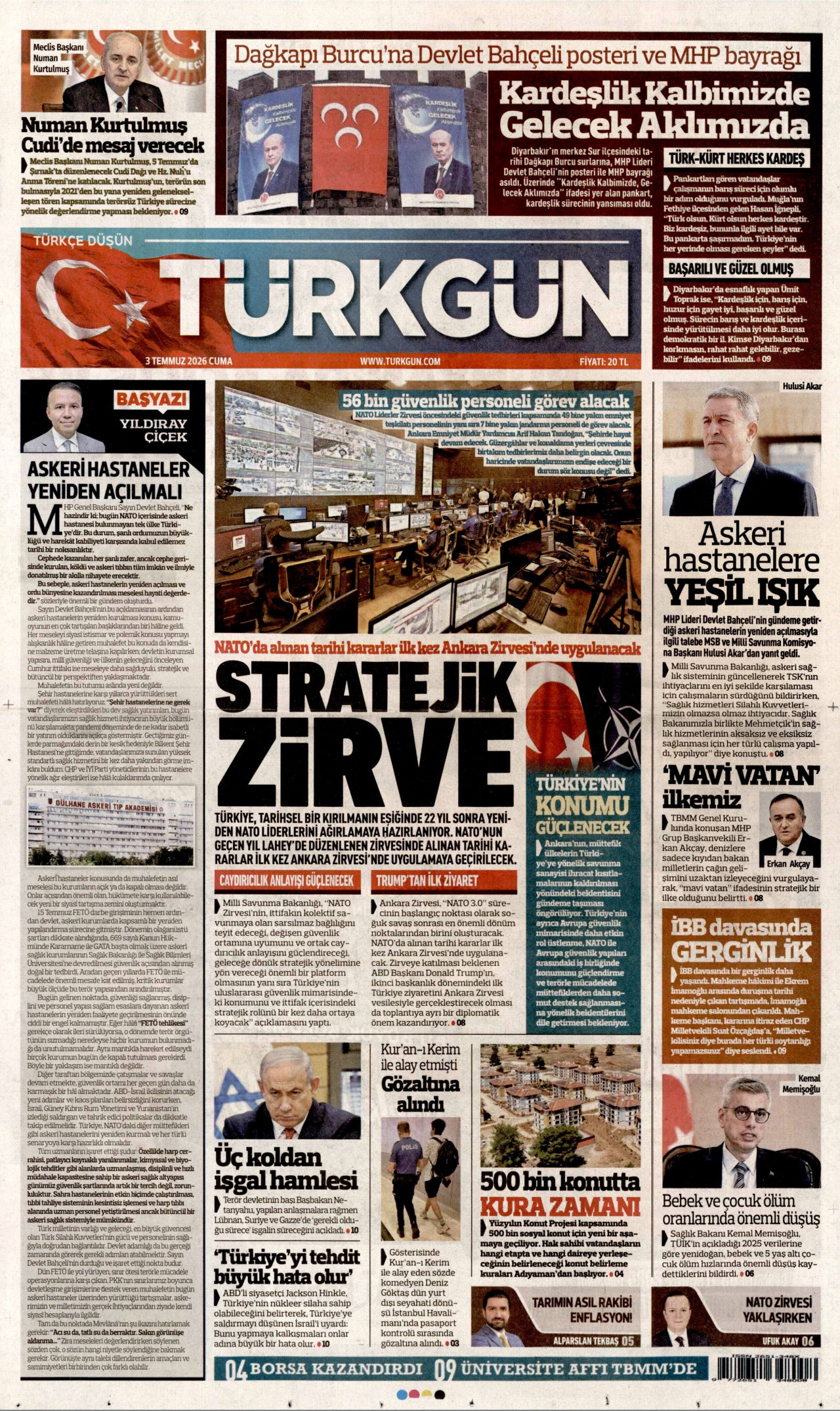TÜRKGÜN gazetesinin 3 Temmuz 2026 tarihli birinci sayfası