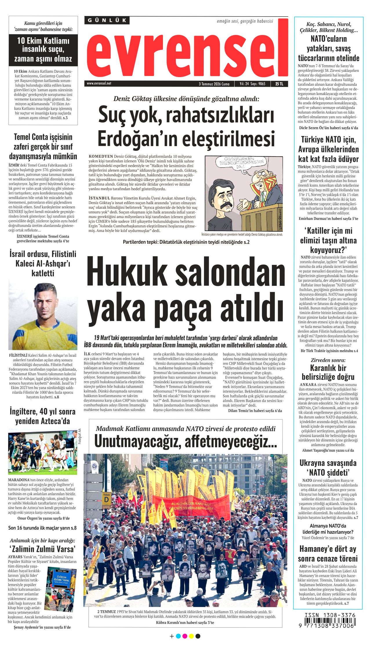 EVRENSEL gazetesinin 3 Temmuz 2026 tarihli birinci sayfası