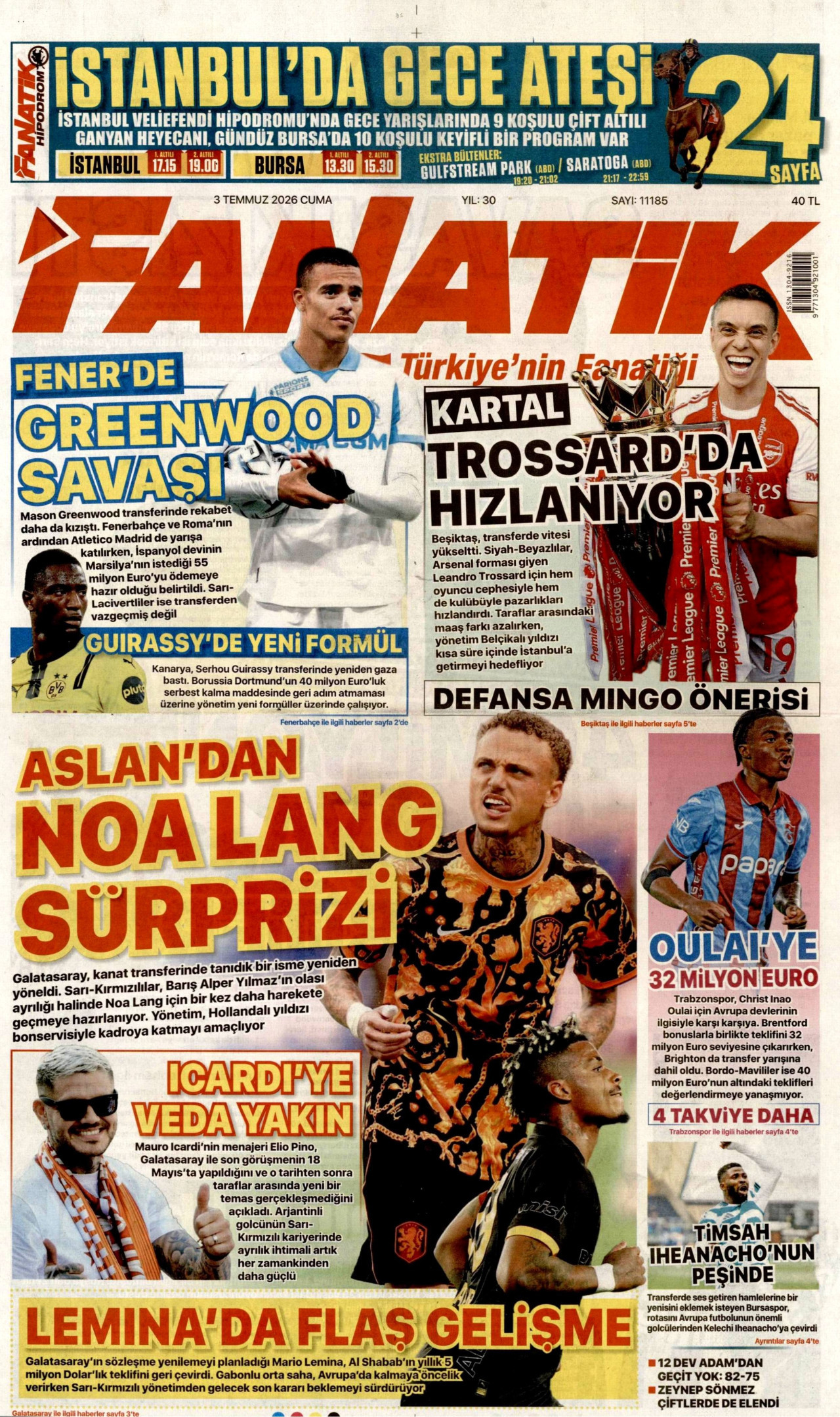 FANATİK gazetesinin 3 Temmuz 2026 tarihli birinci sayfası