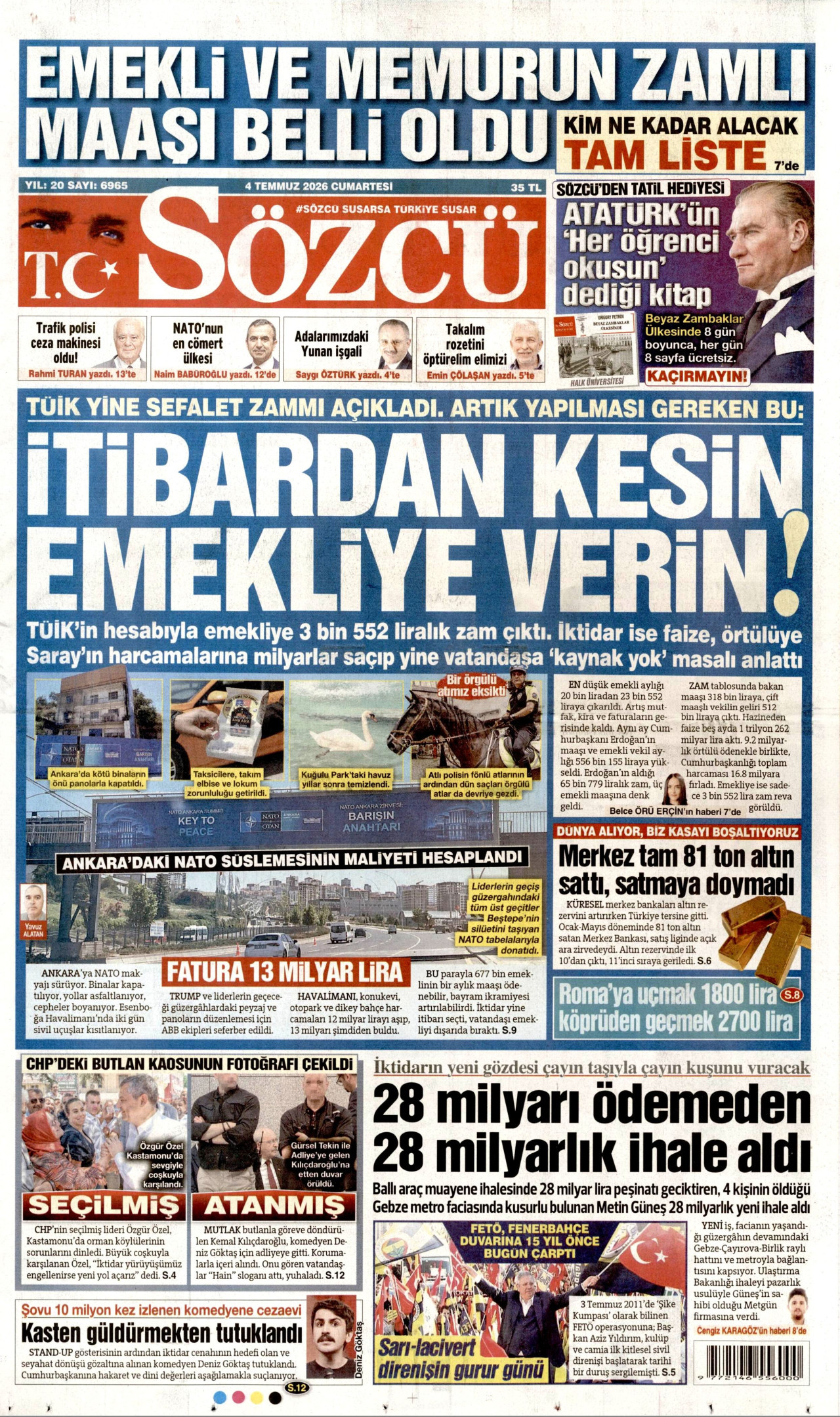 SÖZCÜ gazetesinin 4 Temmuz 2026 tarihli birinci sayfası