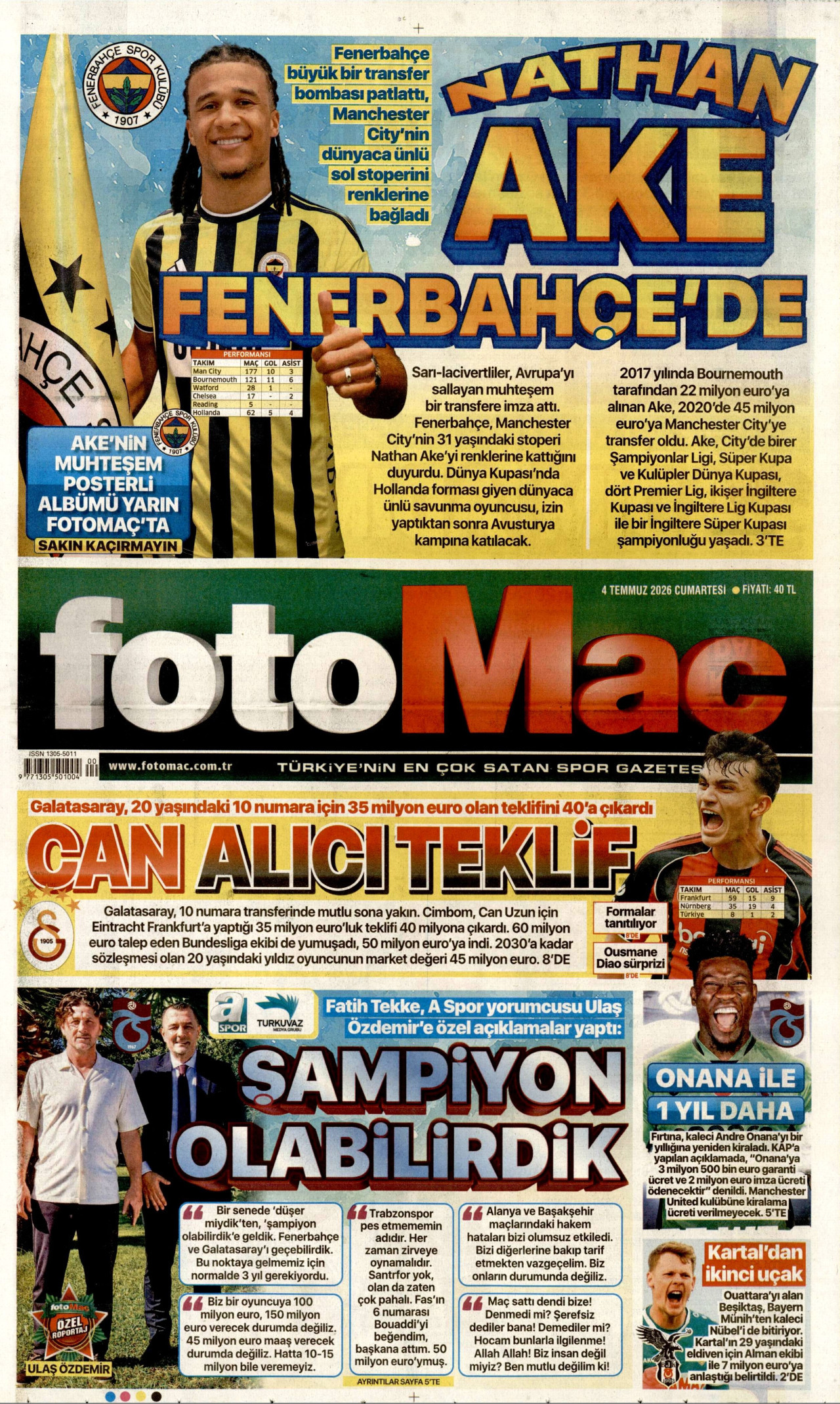 FOTOMAÇ gazetesinin 4 Temmuz 2026 tarihli birinci sayfası