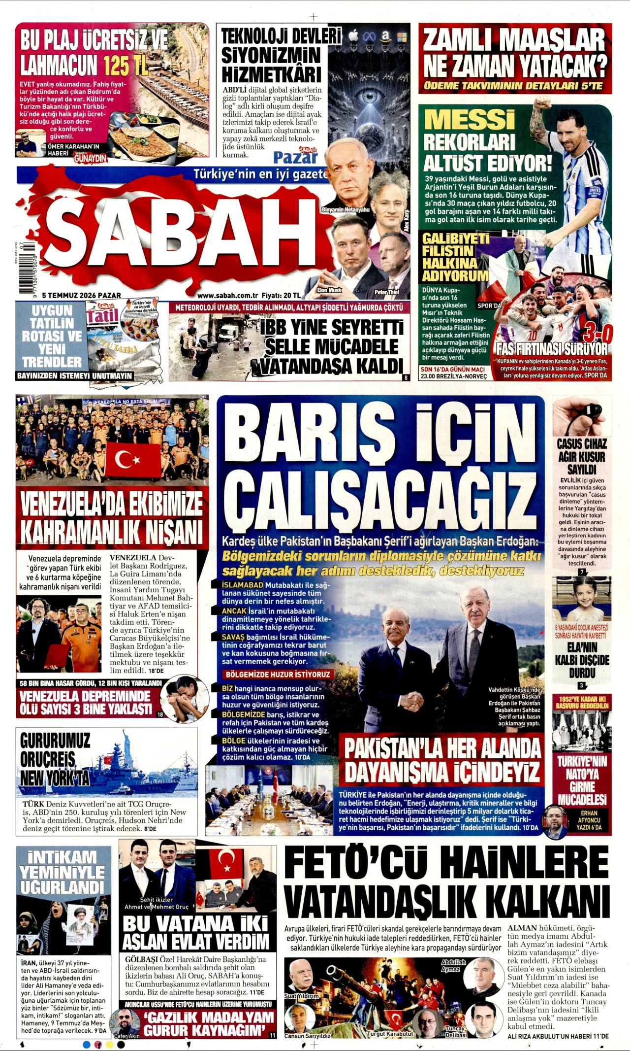 SABAH gazetesinin 5 Temmuz 2026 tarihli birinci sayfası