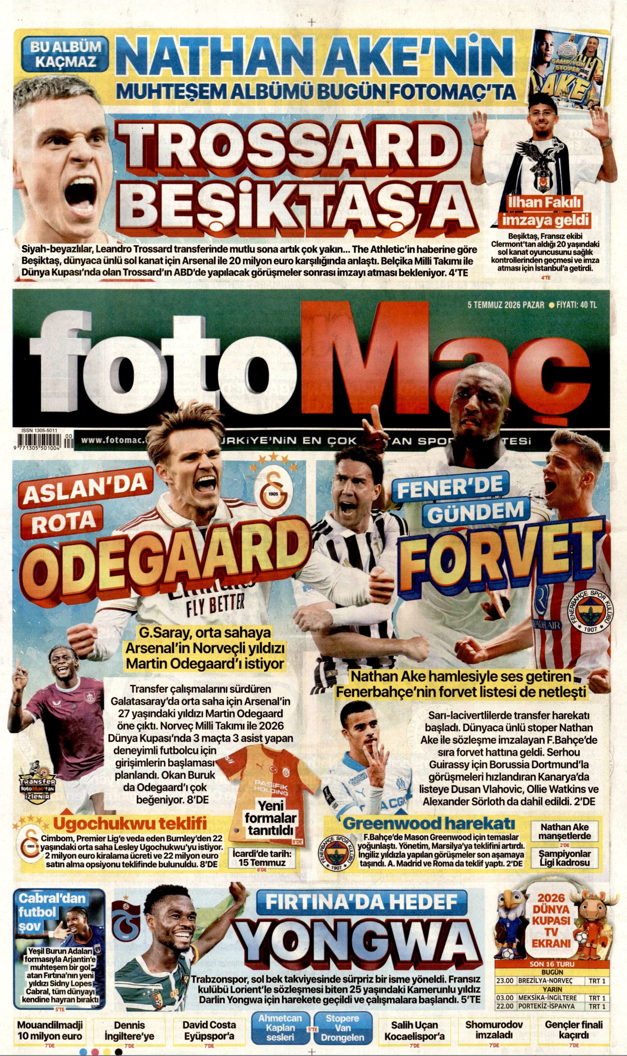 FOTOMAÇ gazetesinin 5 Temmuz 2026 tarihli birinci sayfası