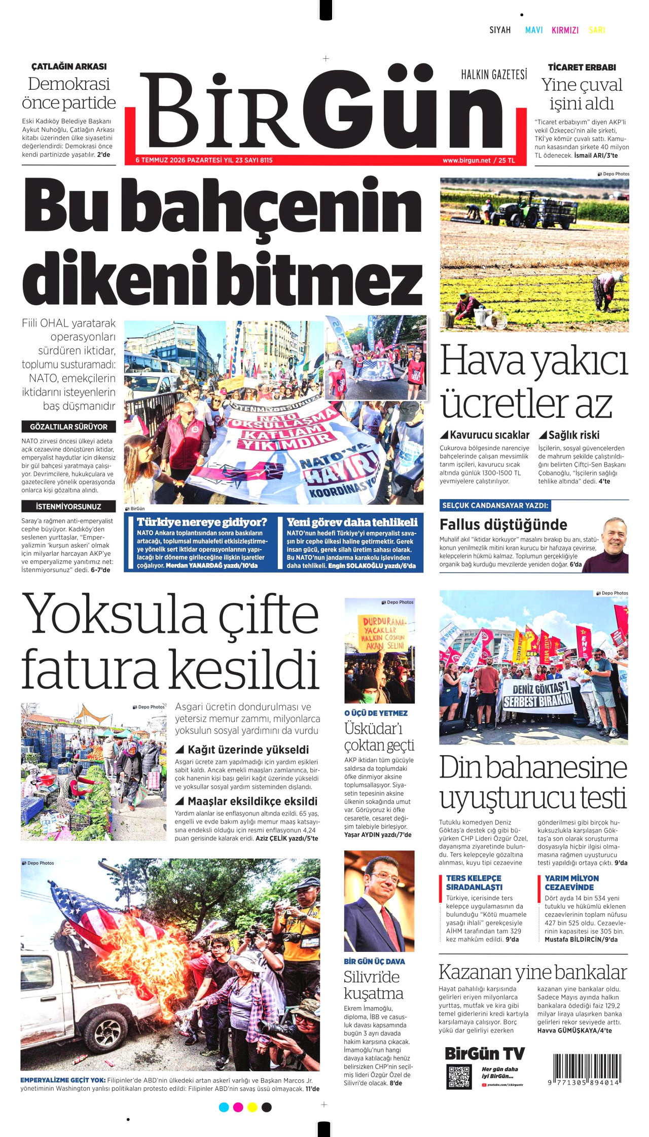 BİRGÜN gazetesinin 6 Temmuz 2026 tarihli birinci sayfası