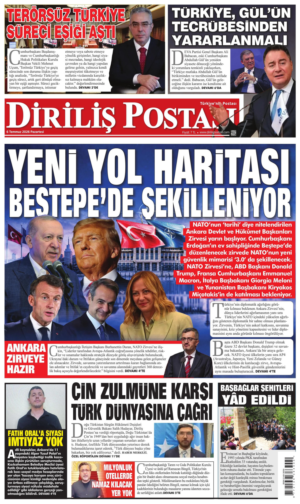 DİRİLİŞ POSTASI gazetesinin 6 Temmuz 2026 tarihli birinci sayfası