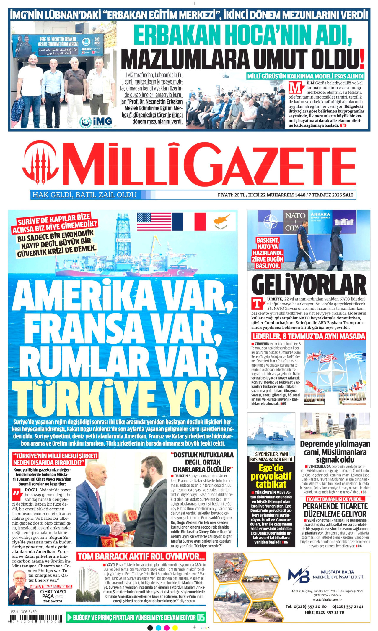 MİLLİ GAZETE gazetesinin 7 Temmuz 2026 tarihli birinci sayfası