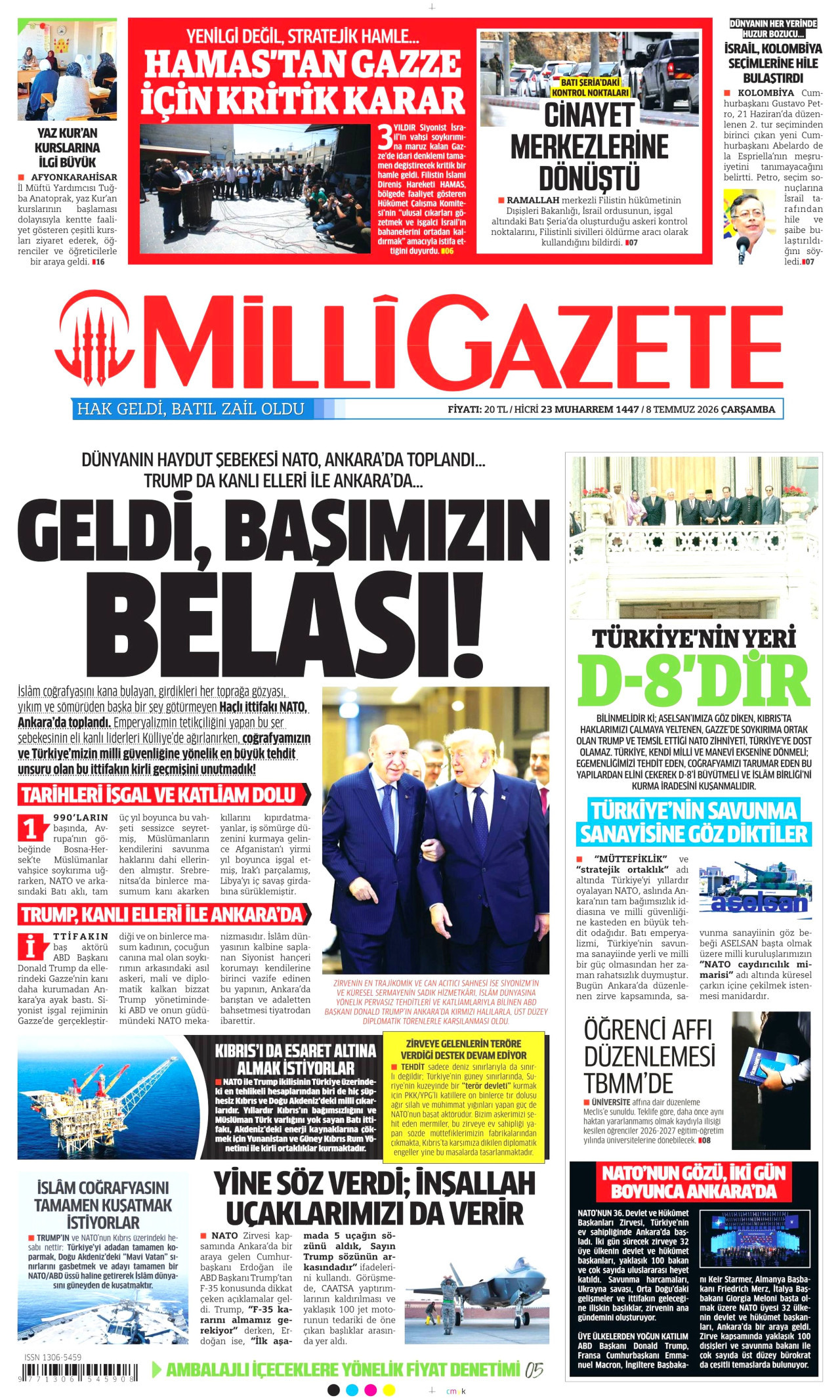 MİLLİ GAZETE gazetesinin 8 Temmuz 2026 tarihli birinci sayfası