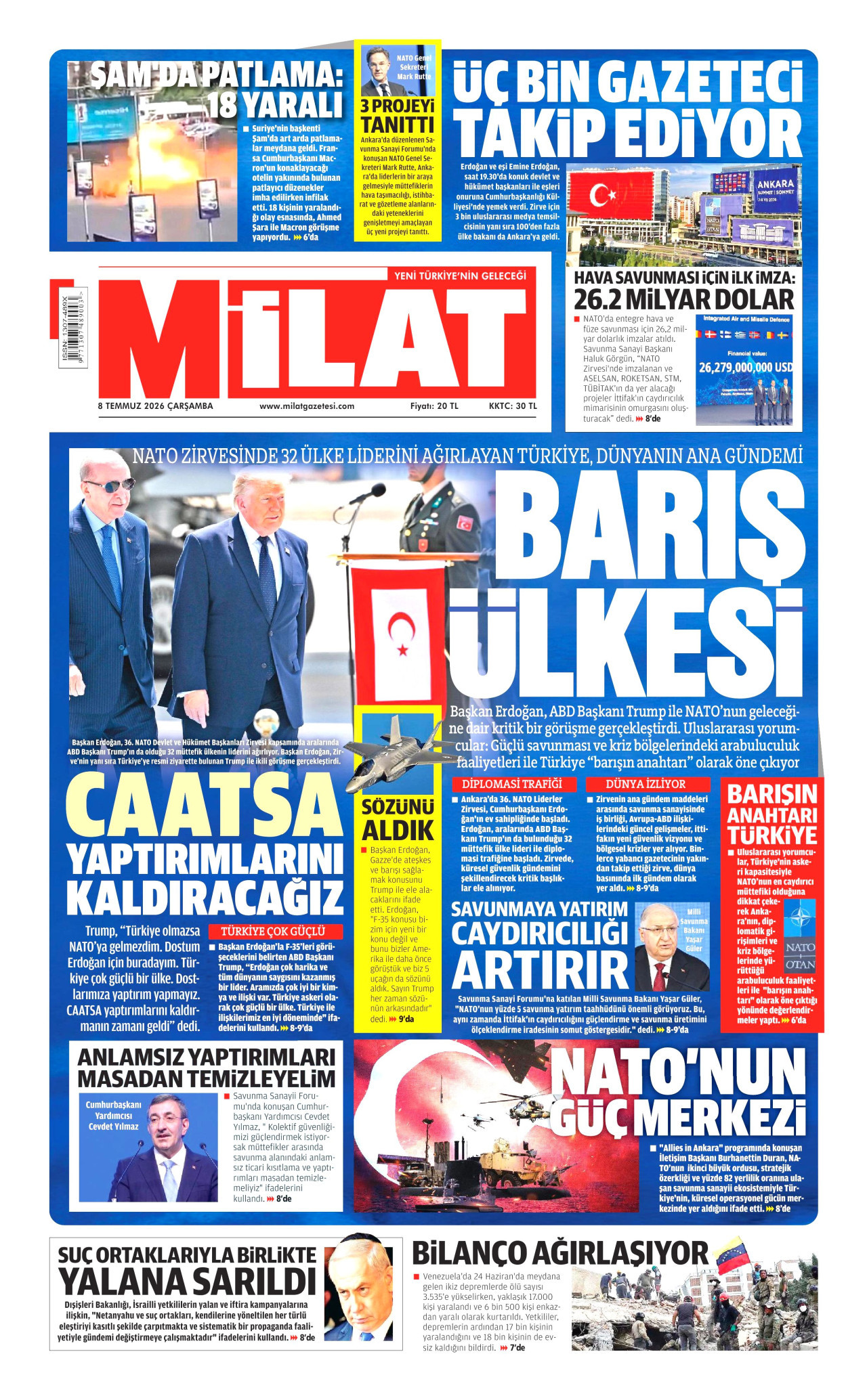 MİLAT gazetesinin 8 Temmuz 2026 tarihli birinci sayfası