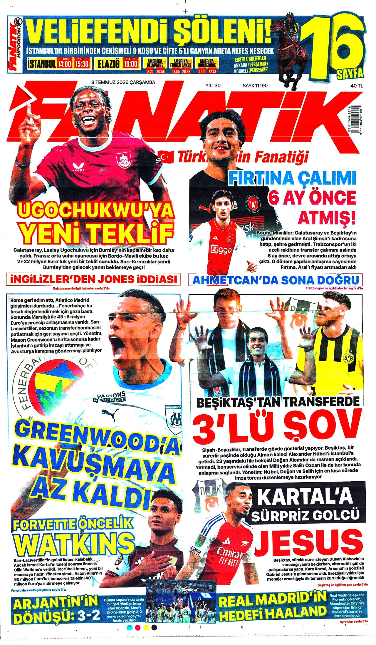FANATİK gazetesinin 8 Temmuz 2026 tarihli birinci sayfası