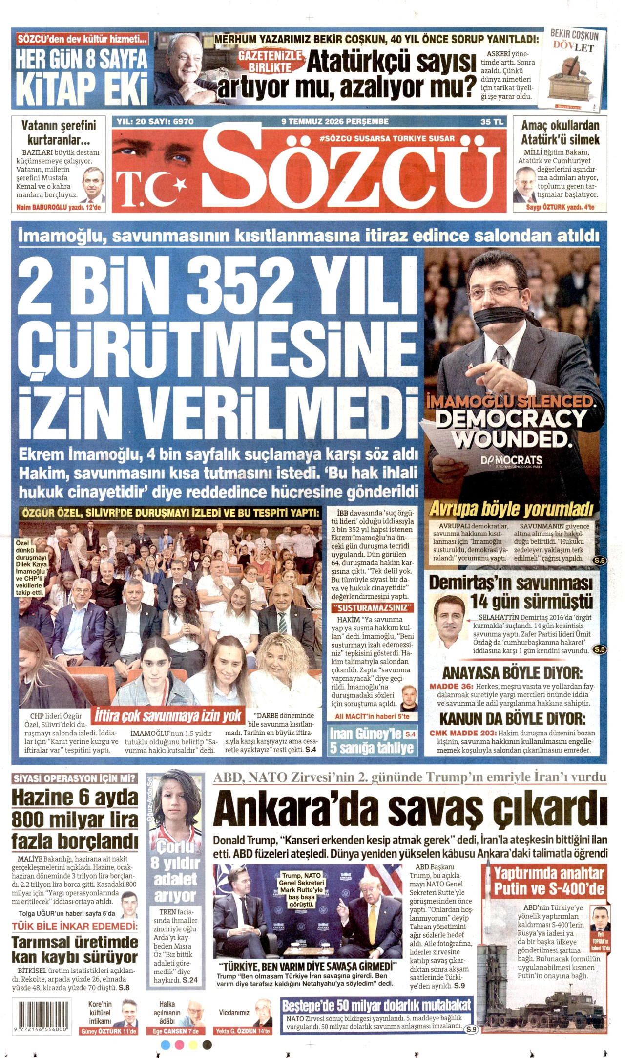 SÖZCÜ gazetesinin 9 Temmuz 2026 tarihli birinci sayfası