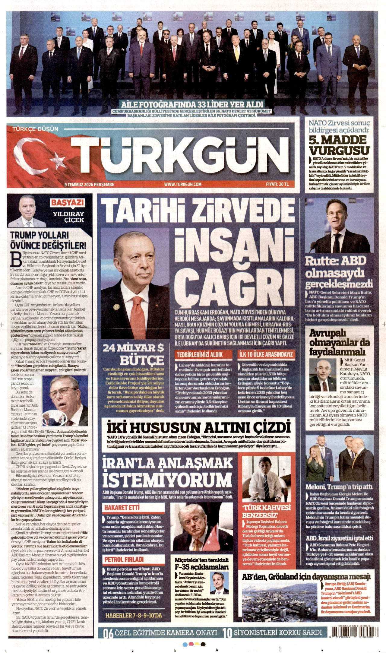TÜRKGÜN gazetesinin 9 Temmuz 2026 tarihli birinci sayfası