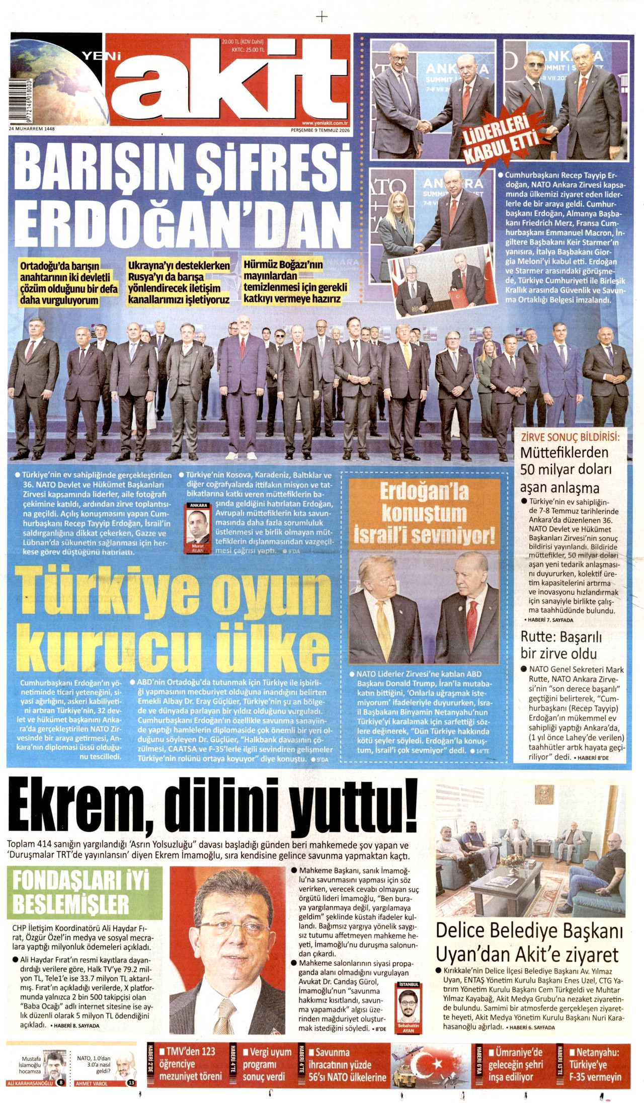 YENİ AKİT gazetesinin 9 Temmuz 2026 tarihli birinci sayfası