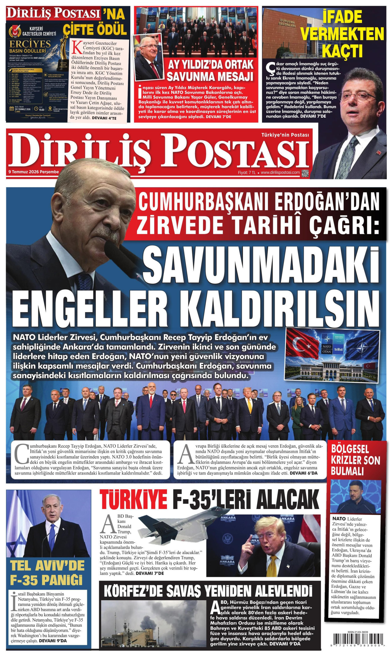 DİRİLİŞ POSTASI gazetesinin 9 Temmuz 2026 tarihli birinci sayfası