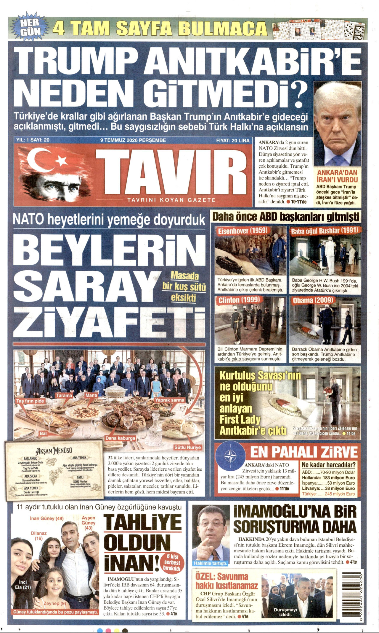 TAVIR GAZETESİ gazetesinin 9 Temmuz 2026 tarihli birinci sayfası