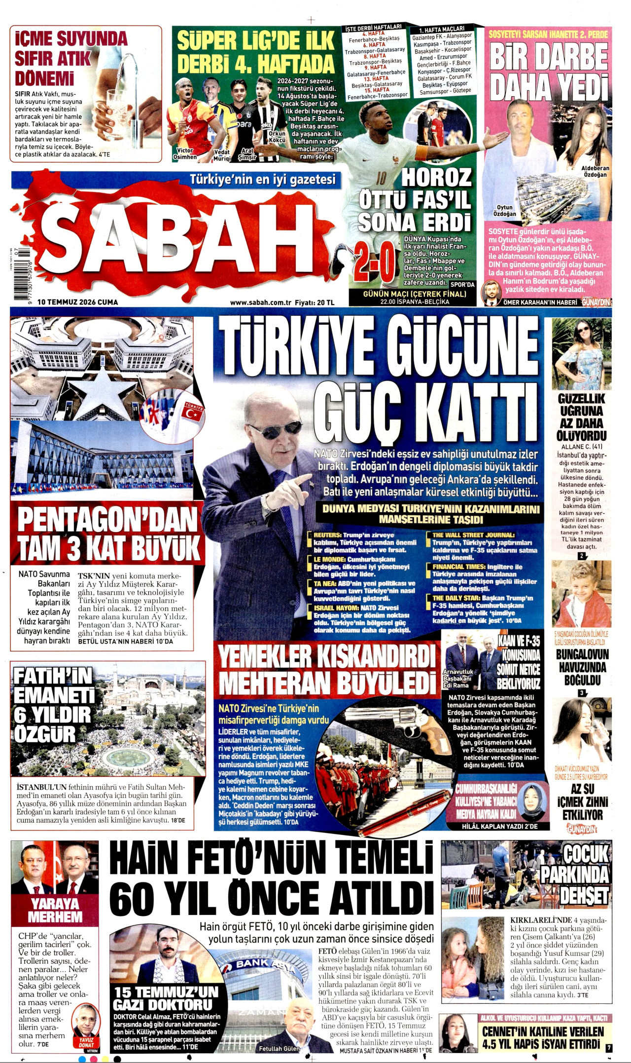 SABAH gazetesinin 10 Temmuz 2026 tarihli birinci sayfası