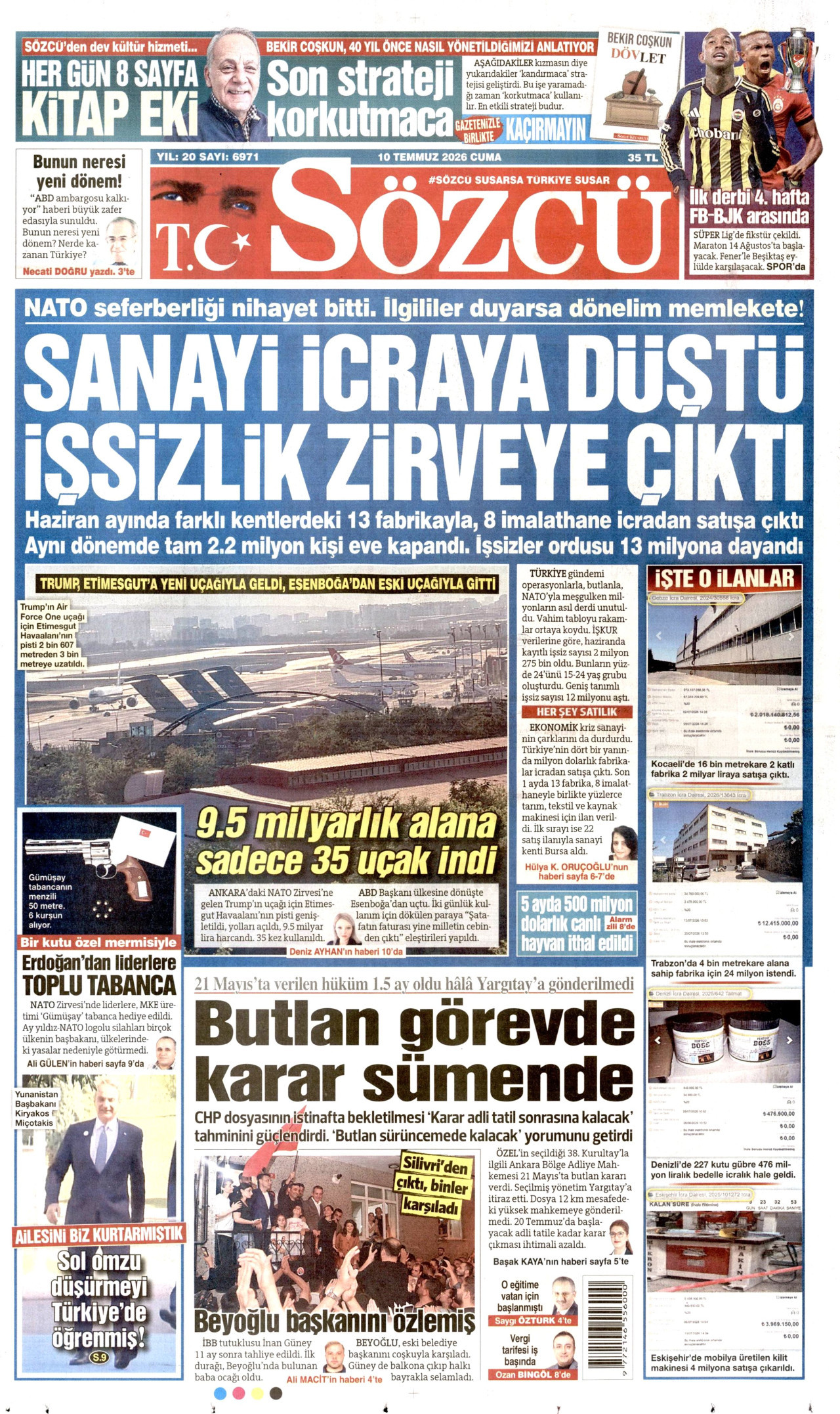 SÖZCÜ gazetesinin 10 Temmuz 2026 tarihli birinci sayfası