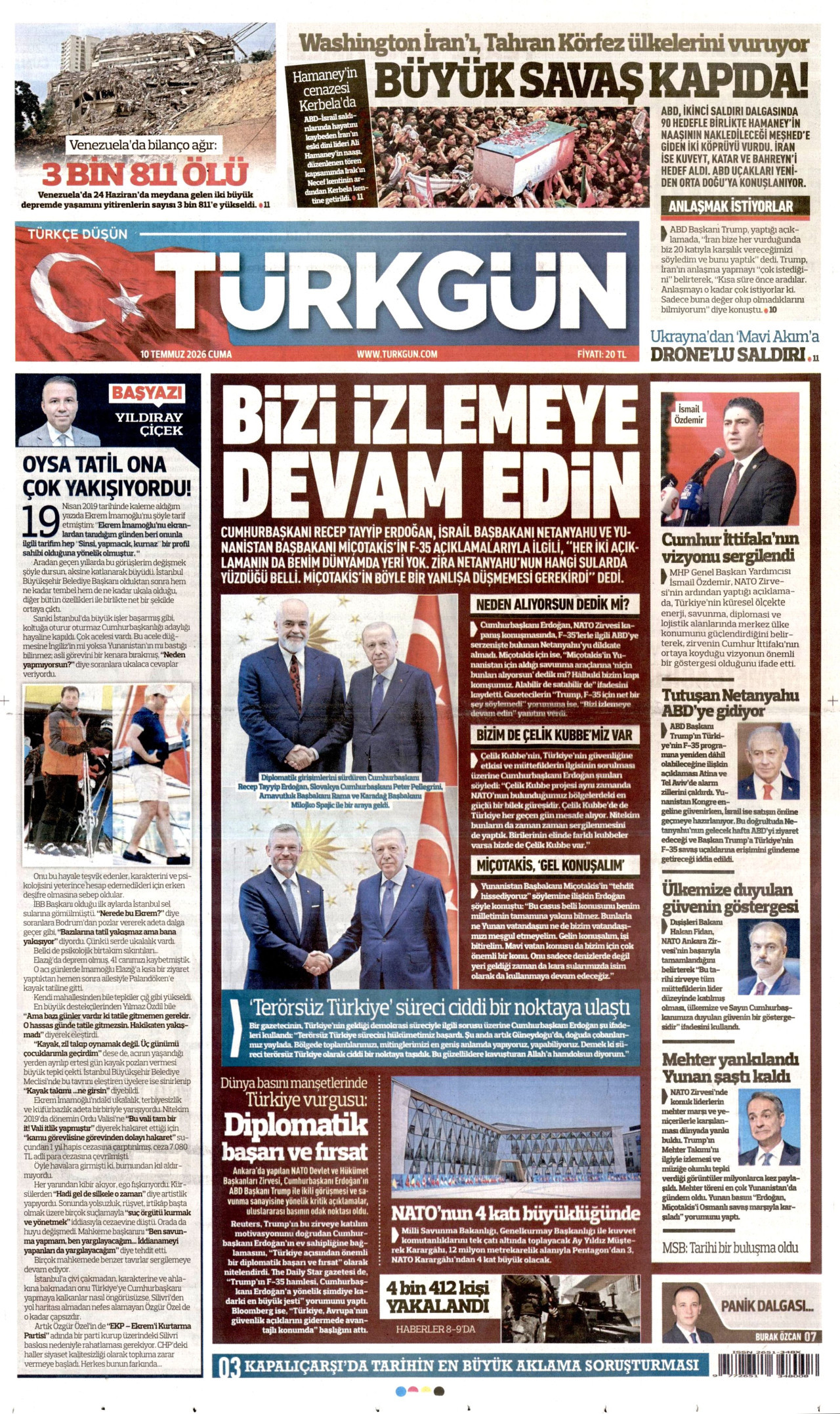 TÜRKGÜN gazetesinin 10 Temmuz 2026 tarihli birinci sayfası