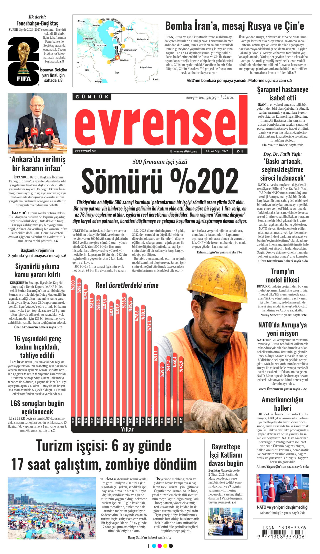 EVRENSEL gazetesinin 10 Temmuz 2026 tarihli birinci sayfası