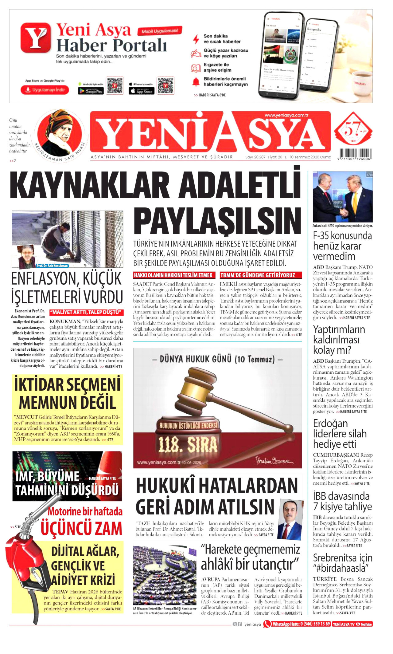 YENİ ASYA gazetesinin 10 Temmuz 2026 tarihli birinci sayfası