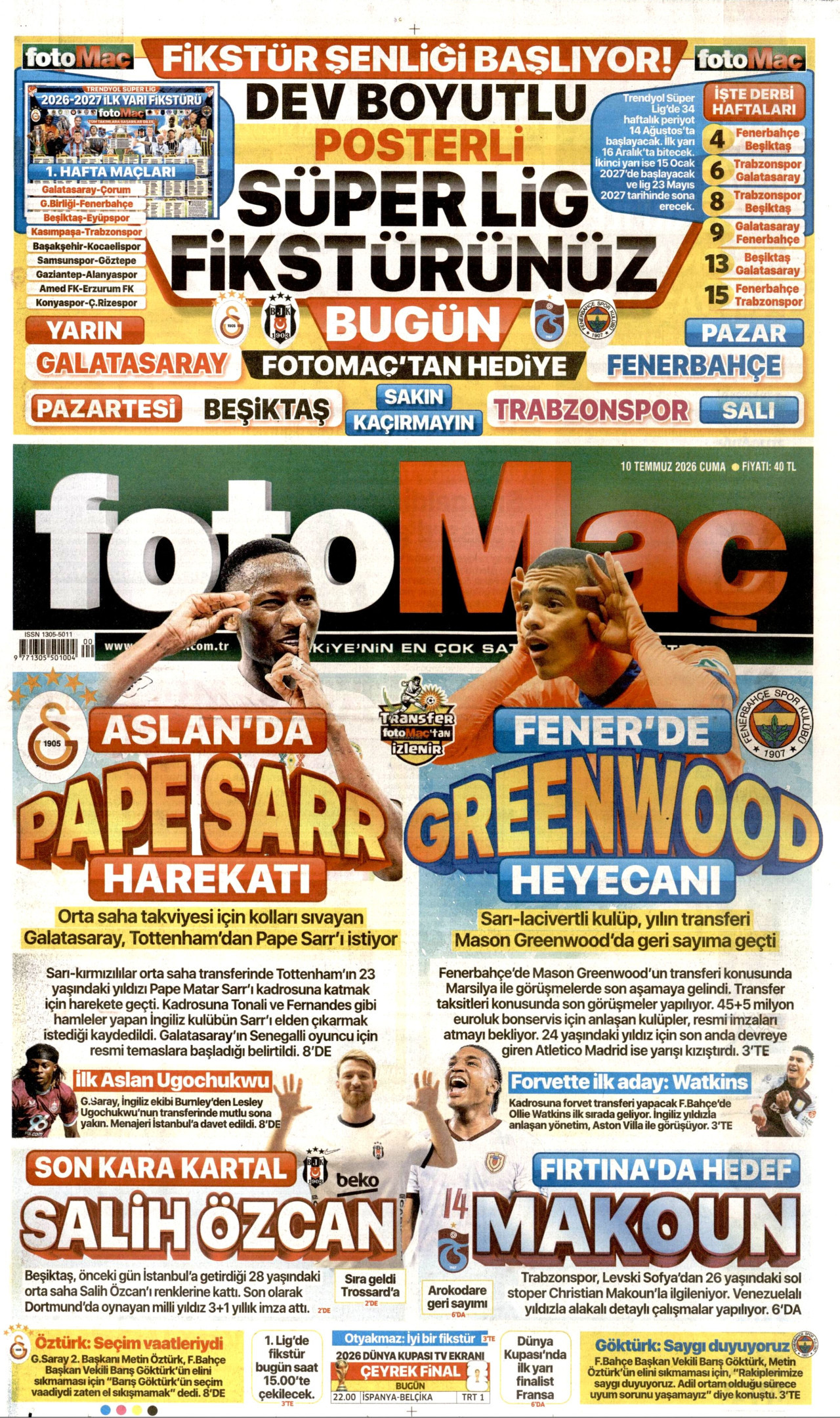 FOTOMAÇ gazetesinin 10 Temmuz 2026 tarihli birinci sayfası