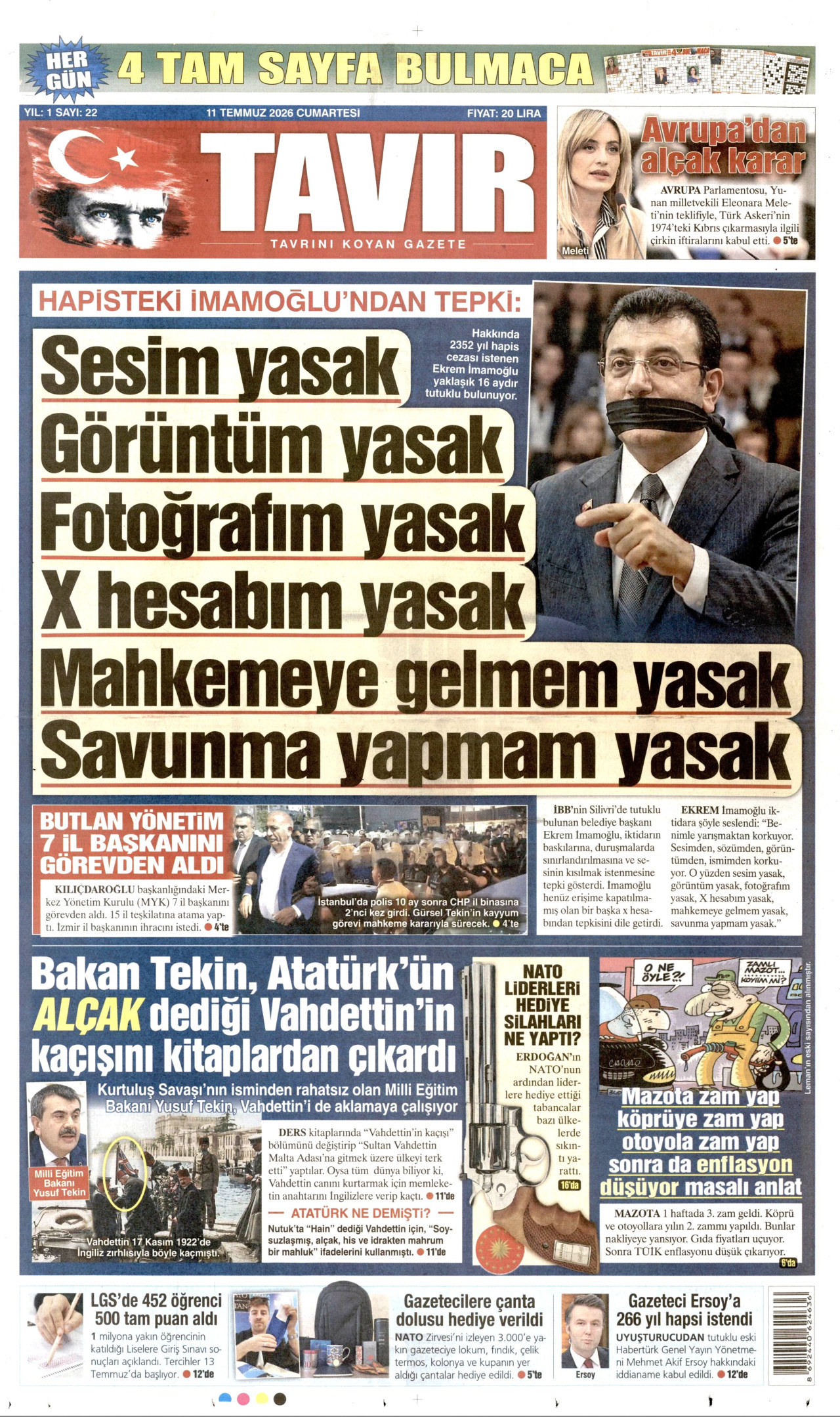 TAVIR GAZETESİ gazetesinin 11 Temmuz 2026 tarihli birinci sayfası