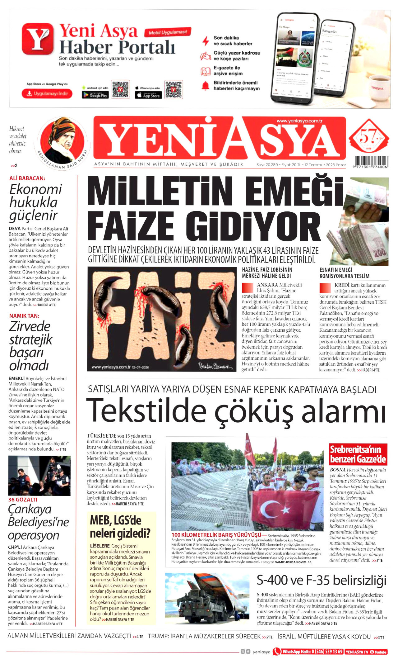 YENİ ASYA gazetesinin 12 Temmuz 2026 tarihli birinci sayfası