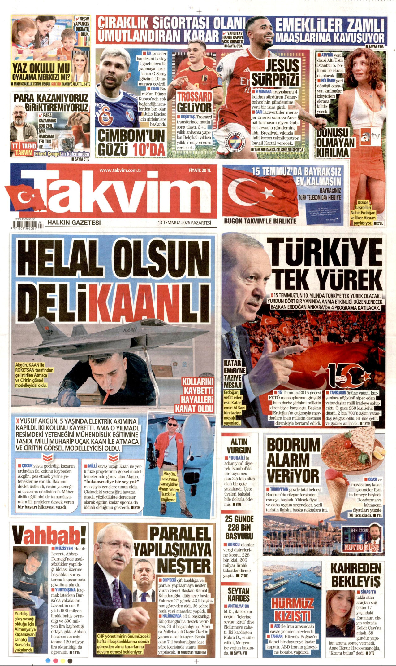 TAKVİM gazetesinin 13 Temmuz 2026 tarihli birinci sayfası
