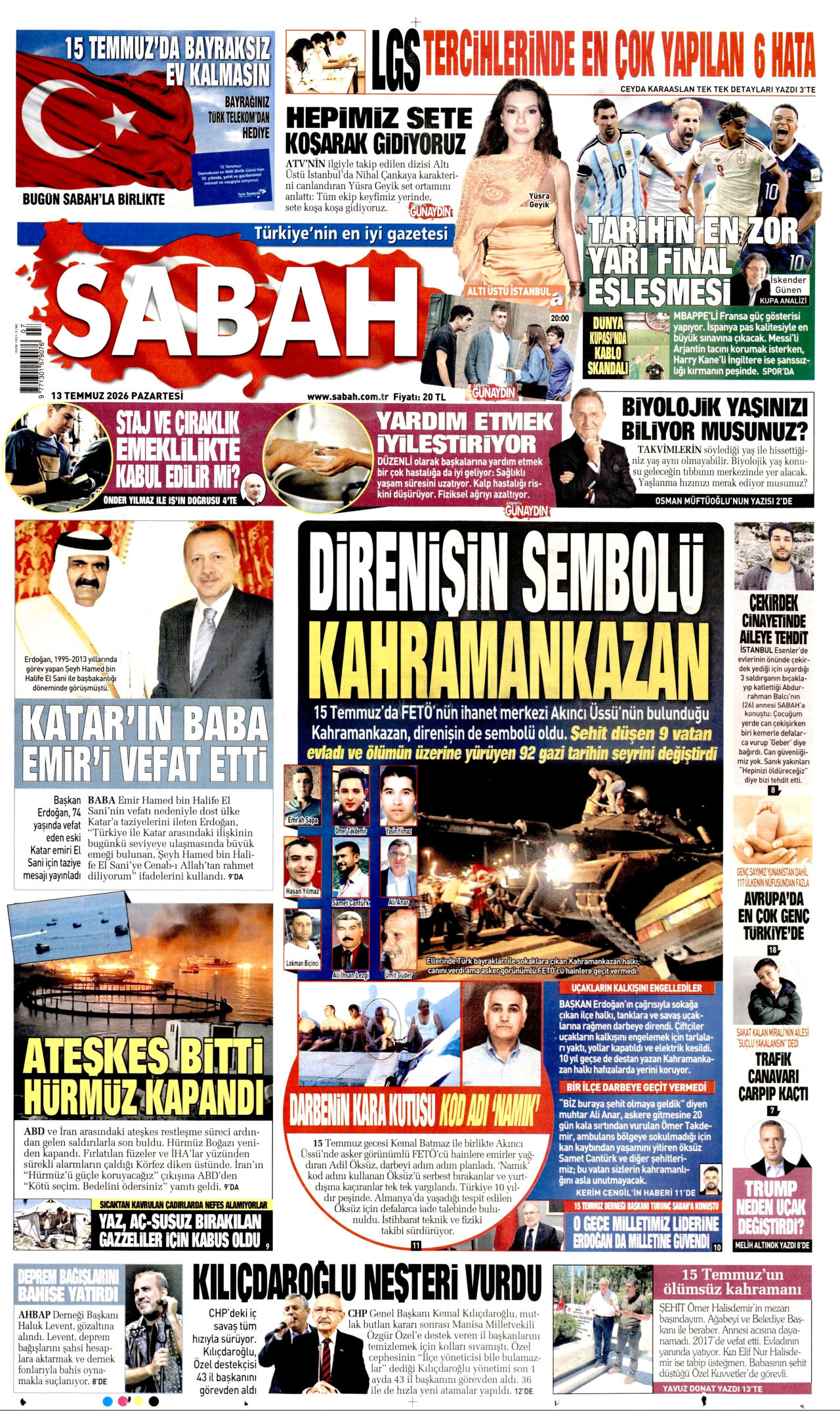 SABAH gazetesinin 13 Temmuz 2026 tarihli birinci sayfası