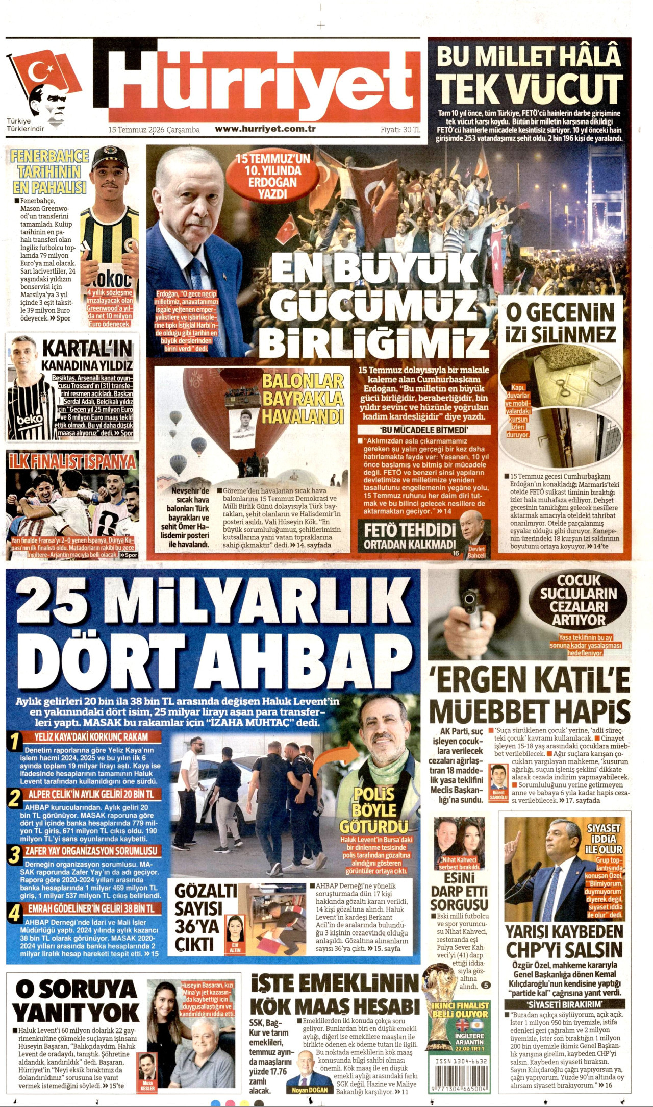 HÜRRİYET gazetesinin 15 Temmuz 2026 tarihli birinci sayfası